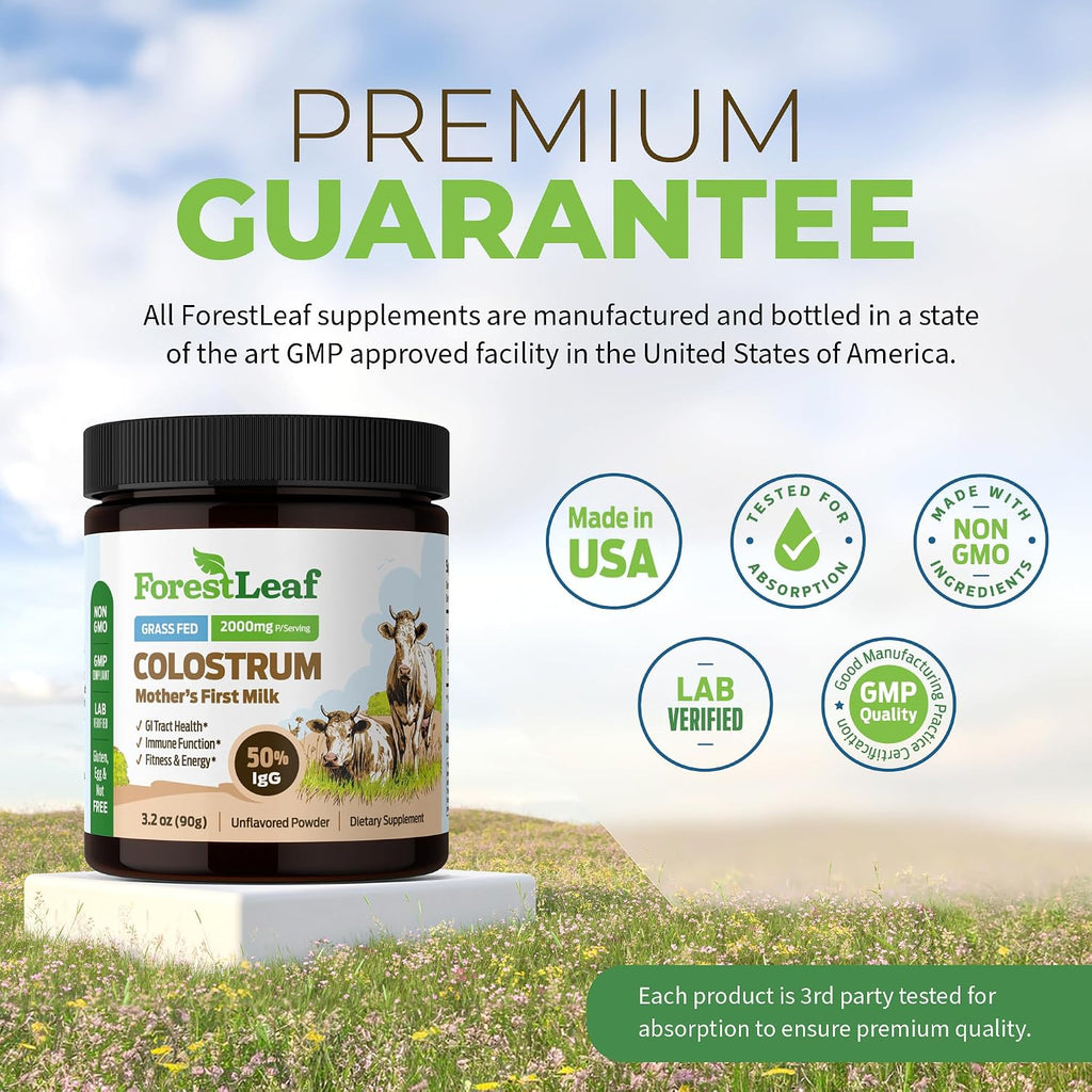 ForestLeaf Colostrum en Polvo 50% IgG, Concentración Pura, de Pasto, Sin Sabor, 45 Porciones