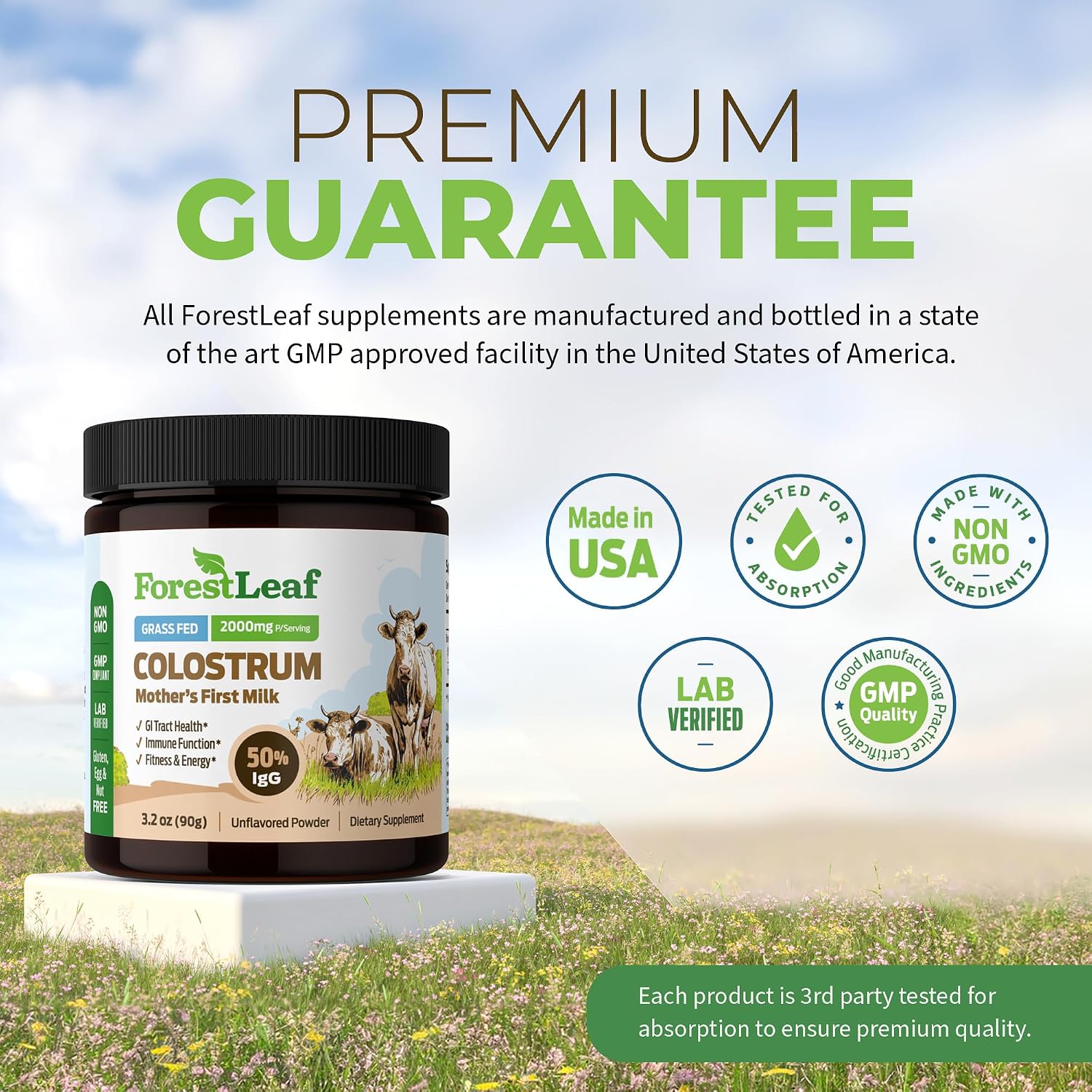 ForestLeaf Colostrum en Polvo 50% IgG, Concentración Pura, de Pasto, Sin Sabor, 45 Porciones