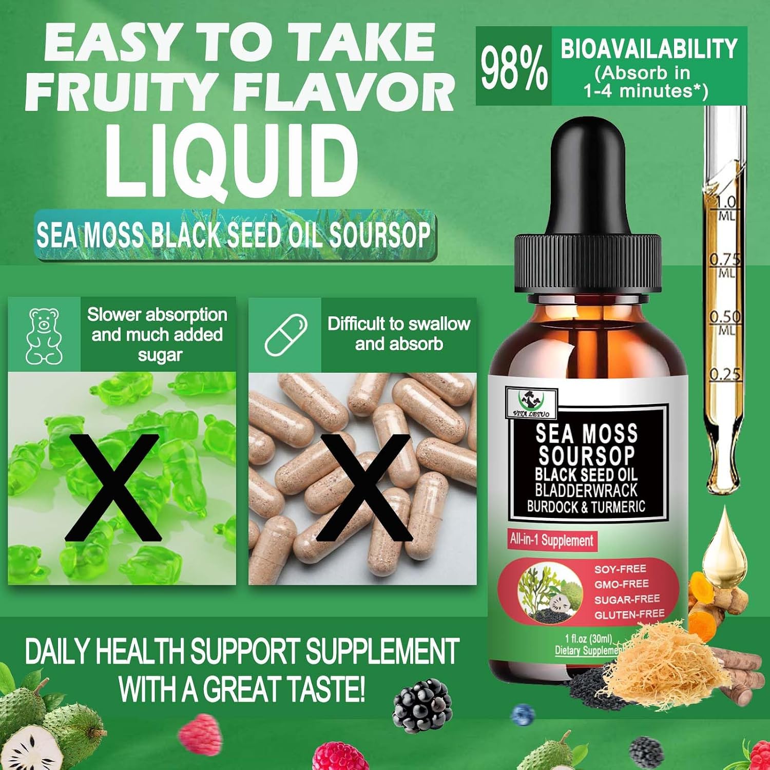 Sea Moss con Aceite de Semilla Negra y Soursop - Gotas Líquidas Multimineral y Vitaminas - Suplemento Superfood Orgánico No-GMO