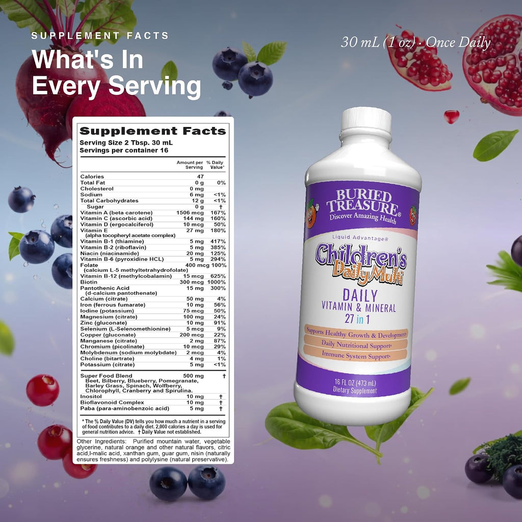 Buried Treasure Multivitamínico Líquido Infantil – 27 Vitaminas y Minerales con Superalimentos – Sin Azúcar, Vegano, Sabor Naranja Mango