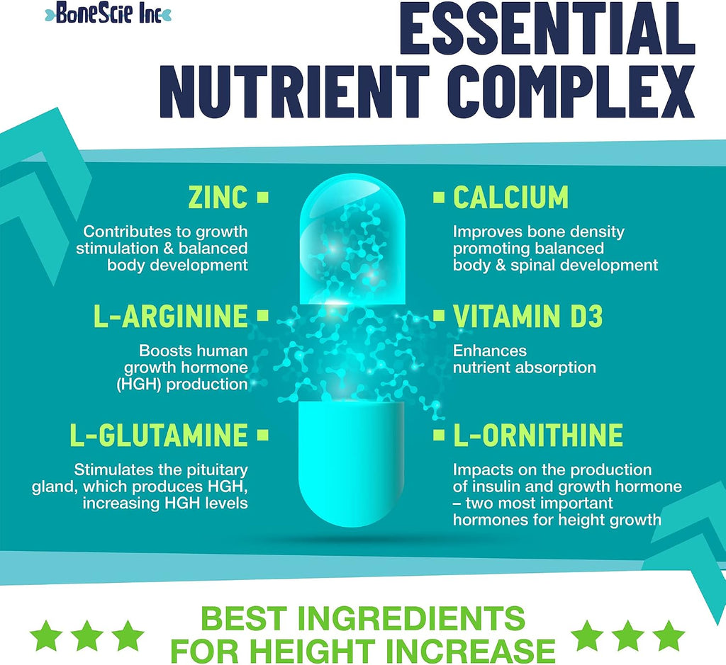 Height Growth Maximizer - Suplemento de Crecimiento con Calcio, Vitamina D3 y Zinc para Niños y Adolescentes - 120 Cápsulas