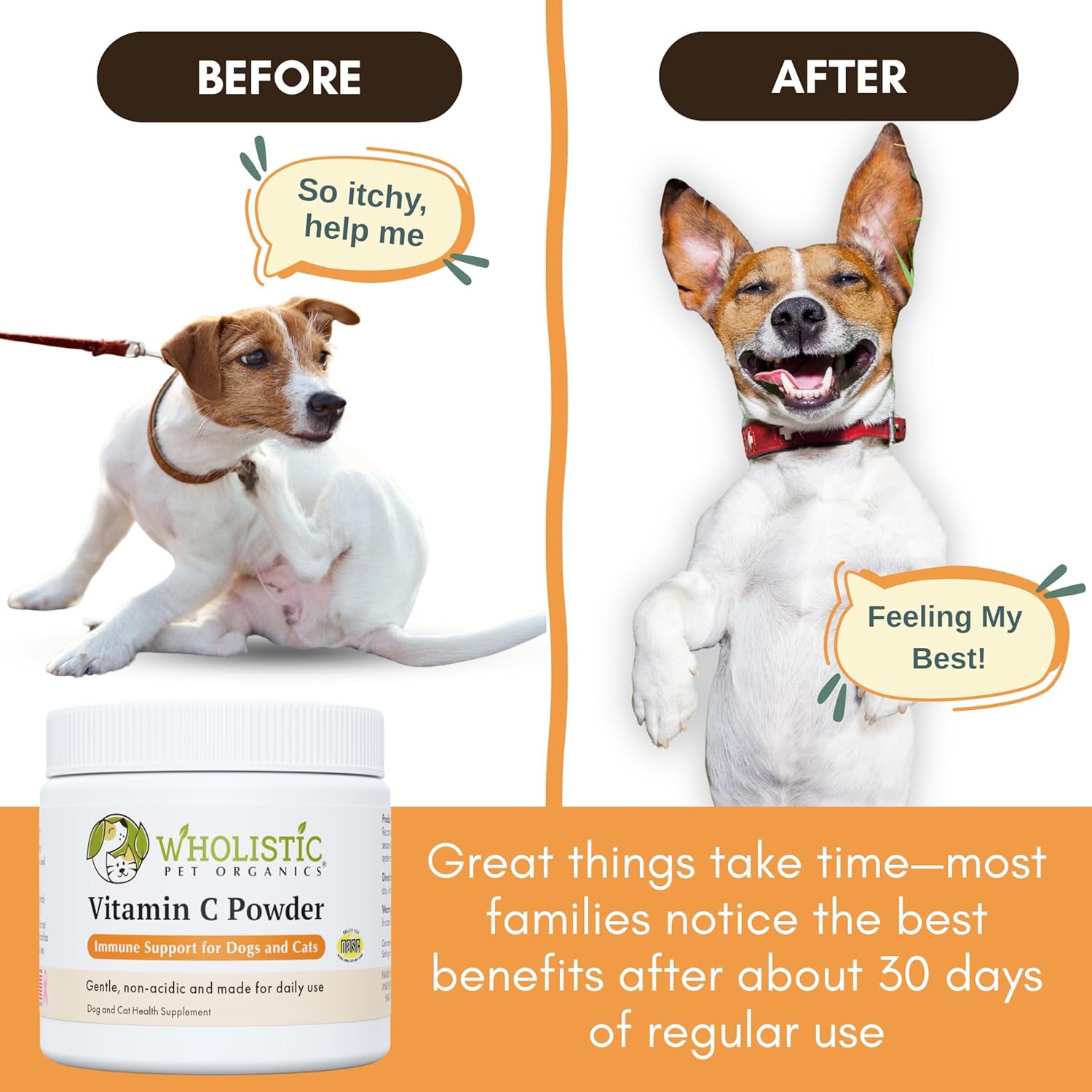 Wholistic Pet Organics Vitamina C en Polvo para Perros y Gatos - Alivio de Alergias y Picazón - Apoyo Inmunológico - 113 g