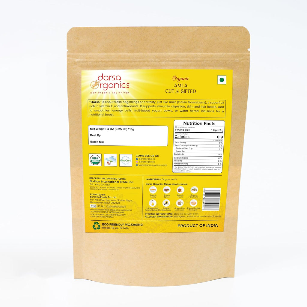 Darsa Organics Amla Seco Orgánico - Grosella India Cortada y Tamizada - 113 g (4 oz)