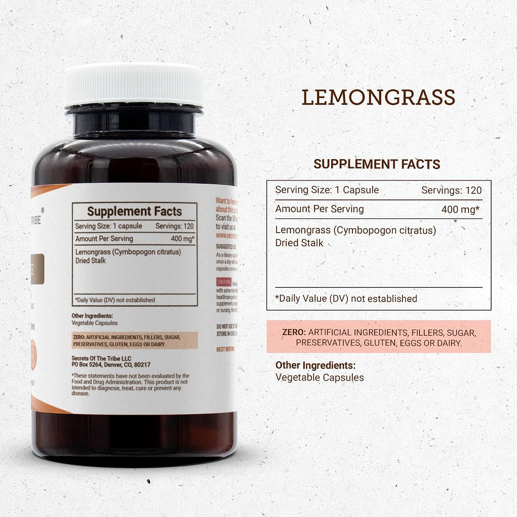 Secrets of the Tribe Lemongrass (Cymbopogon Citratus) 120 Cápsulas, 400 mg