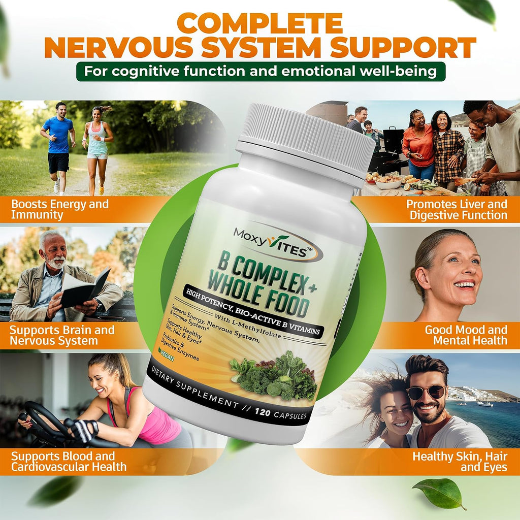 MoxyVites Complejo de Vitaminas B - Suplemento Alimenticio con B12 Metilcobalamina, B1, B2, B3, B5, B6, B7, B9 - Apoyo para Estrés, Energía y Sistema Inmunitario, Vegano, 120 Cápsulas