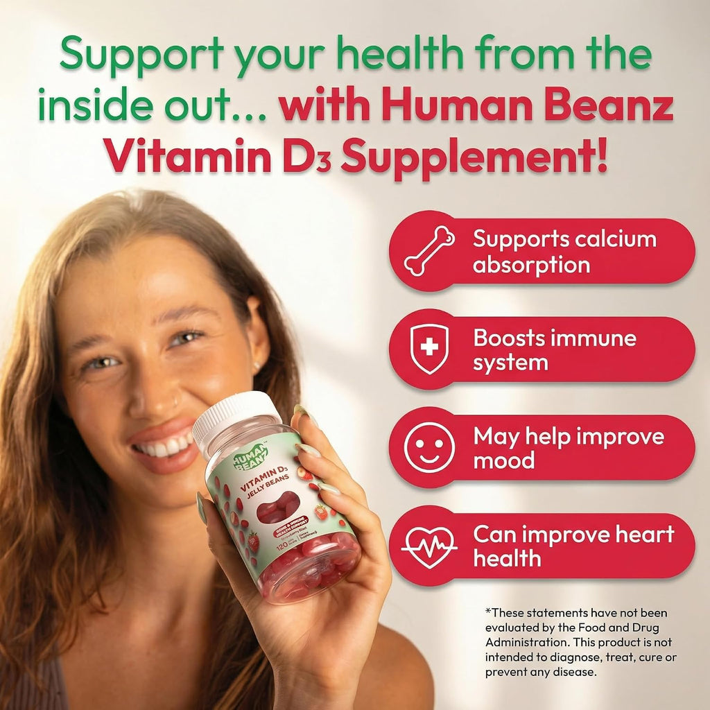 Human Beanz Vitamin D3 Gominolas Jelly Bean, 2000 IU, 120 Gominolas (Sabor Fresa)