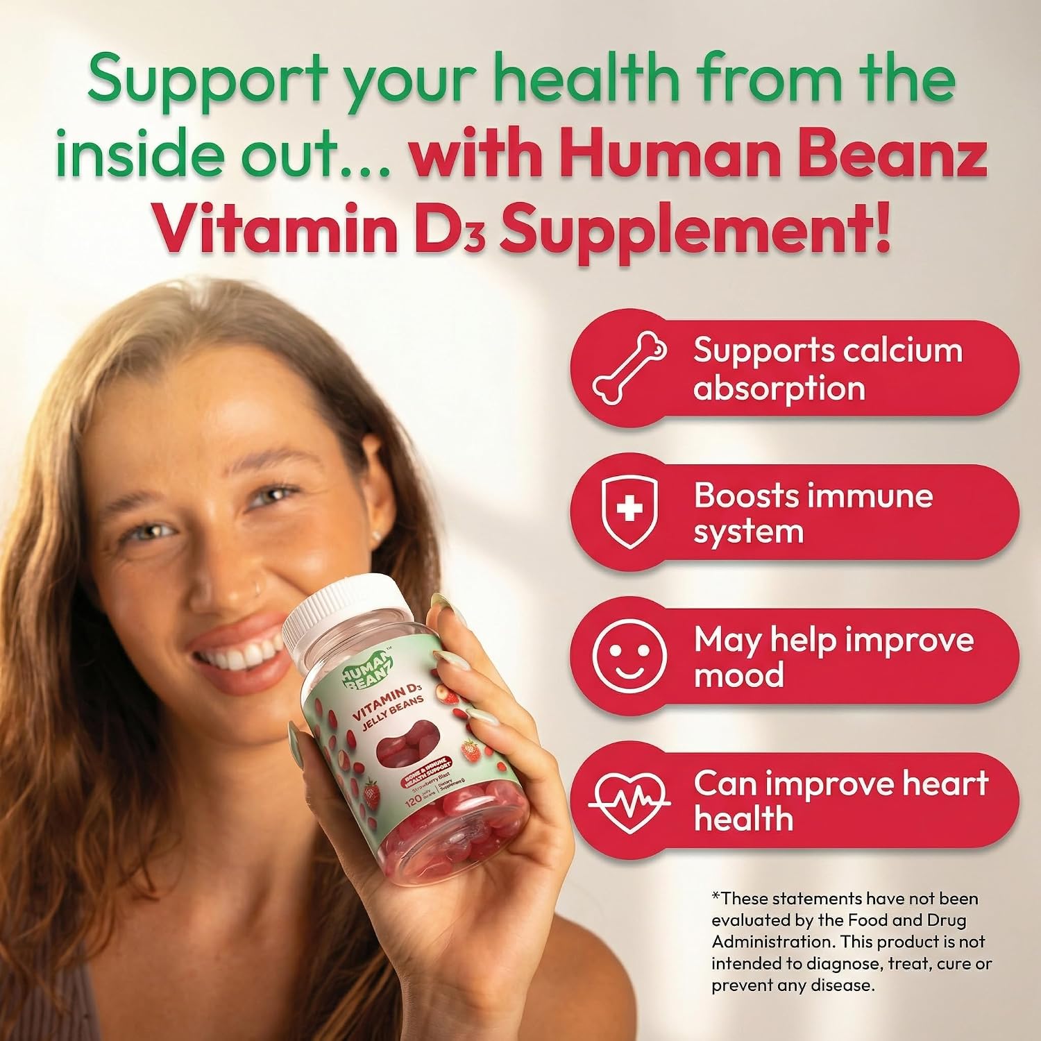 Human Beanz Vitamin D3 Gominolas Jelly Bean, 2000 IU, 120 Gominolas (Sabor Fresa)