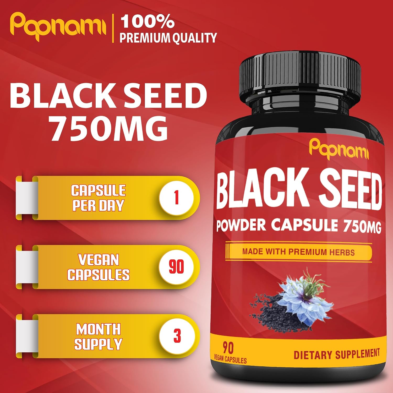 Cápsulas de Semilla Negra Pura 750mg - Suplemento Natural de Papnami (90 Cápsulas, 3 Meses)