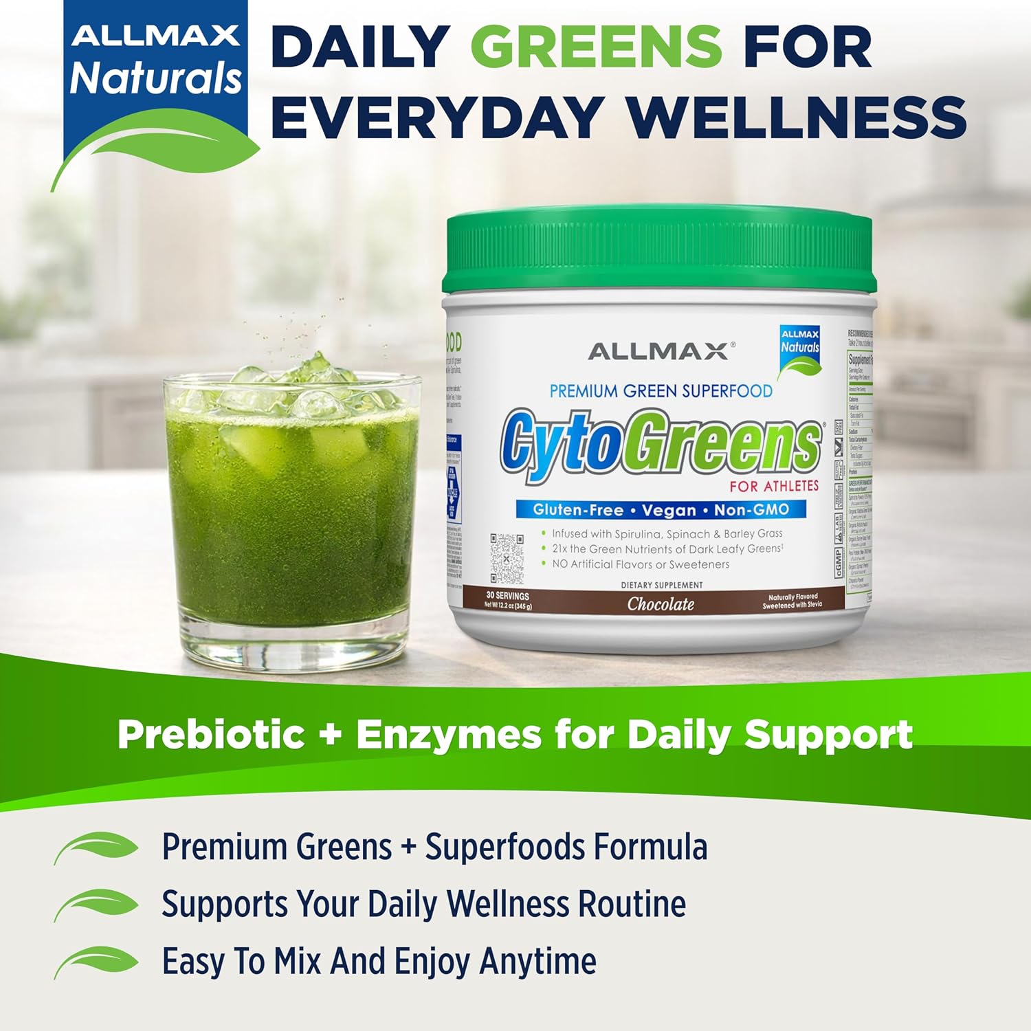 ALLMAX CytoGreens Super Greens en Polvo, Acai Berry Green Tea, 30 porciones