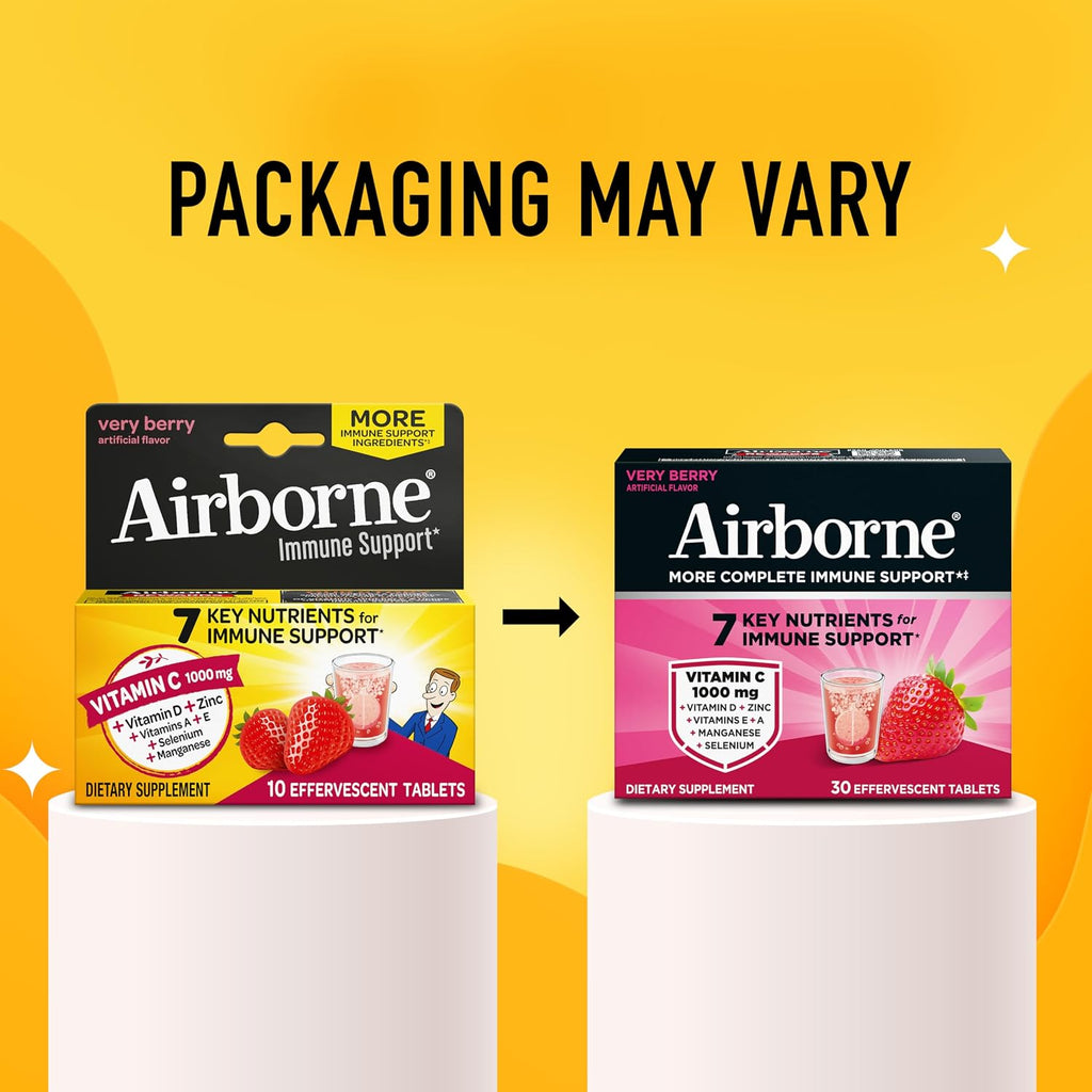 Airborne Comprimidos Efervescentes para el Sistema Inmunitario, Sabor Very Berry - 30 uds con 1000 mg de Vitamina C + Vitaminas A, D, E, Zinc, Selenio, Manganeso y Hierbas - Sin Azúcar, Sin Gluten