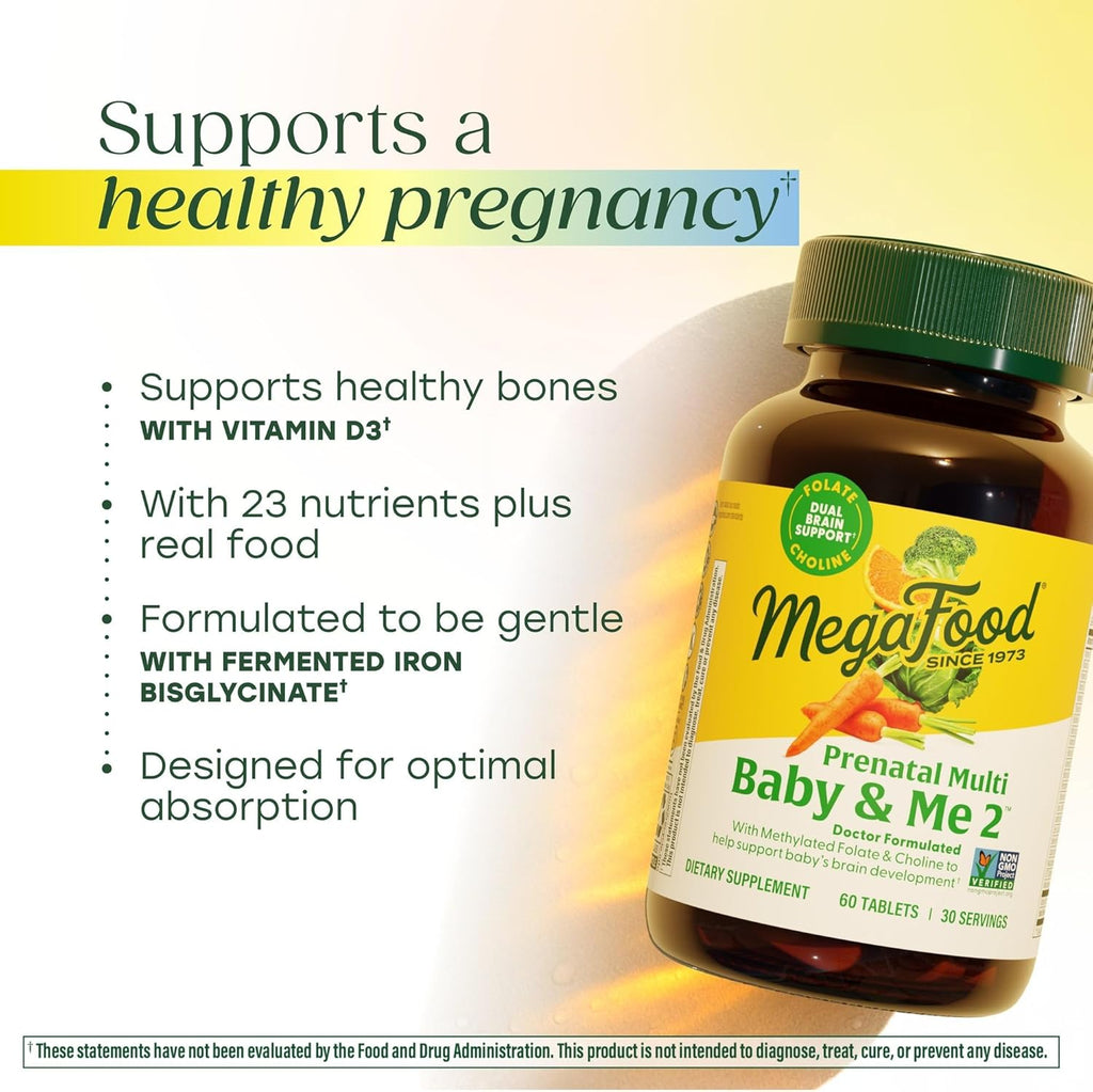MegaFood Baby & Me 2 Vitaminas Prenatales con Folato, Colina y Hierro - 120 Comprimidos (60 Dosis)