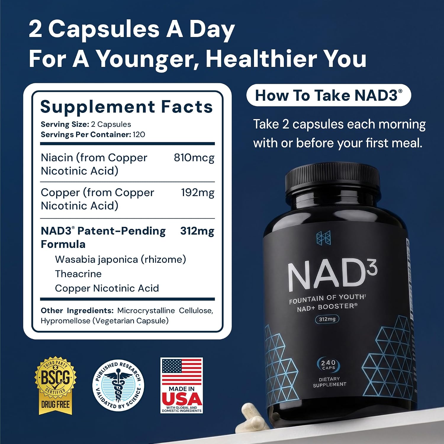 HPN NAD3 Refuerzo Clínico de NAD+ - Suplemento de NAD+ para Salud Celular y Energía Natural, 240 cápsulas (120 días)