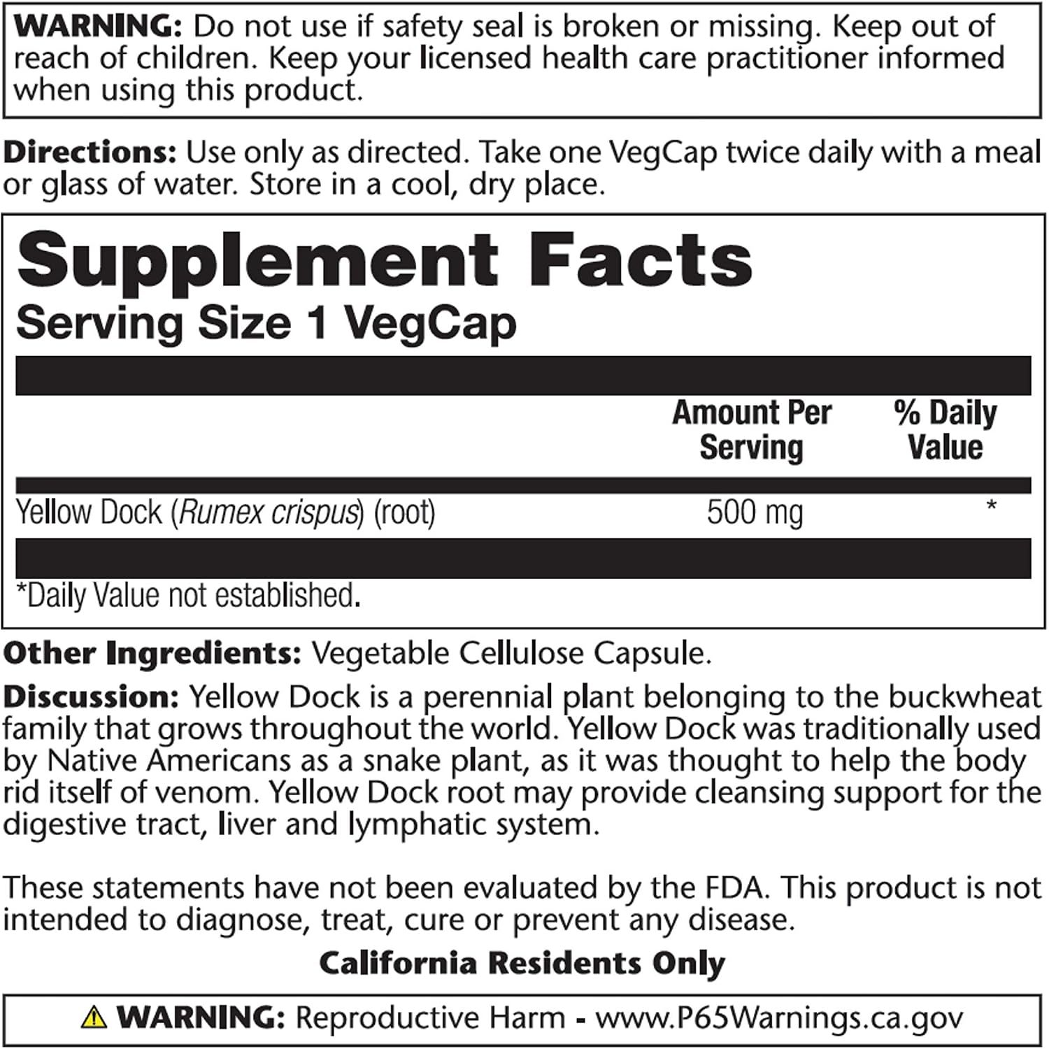 Solaray Raíz de Lampazo (Rumex crispus) 500 mg - 100 Cápsulas Veganas