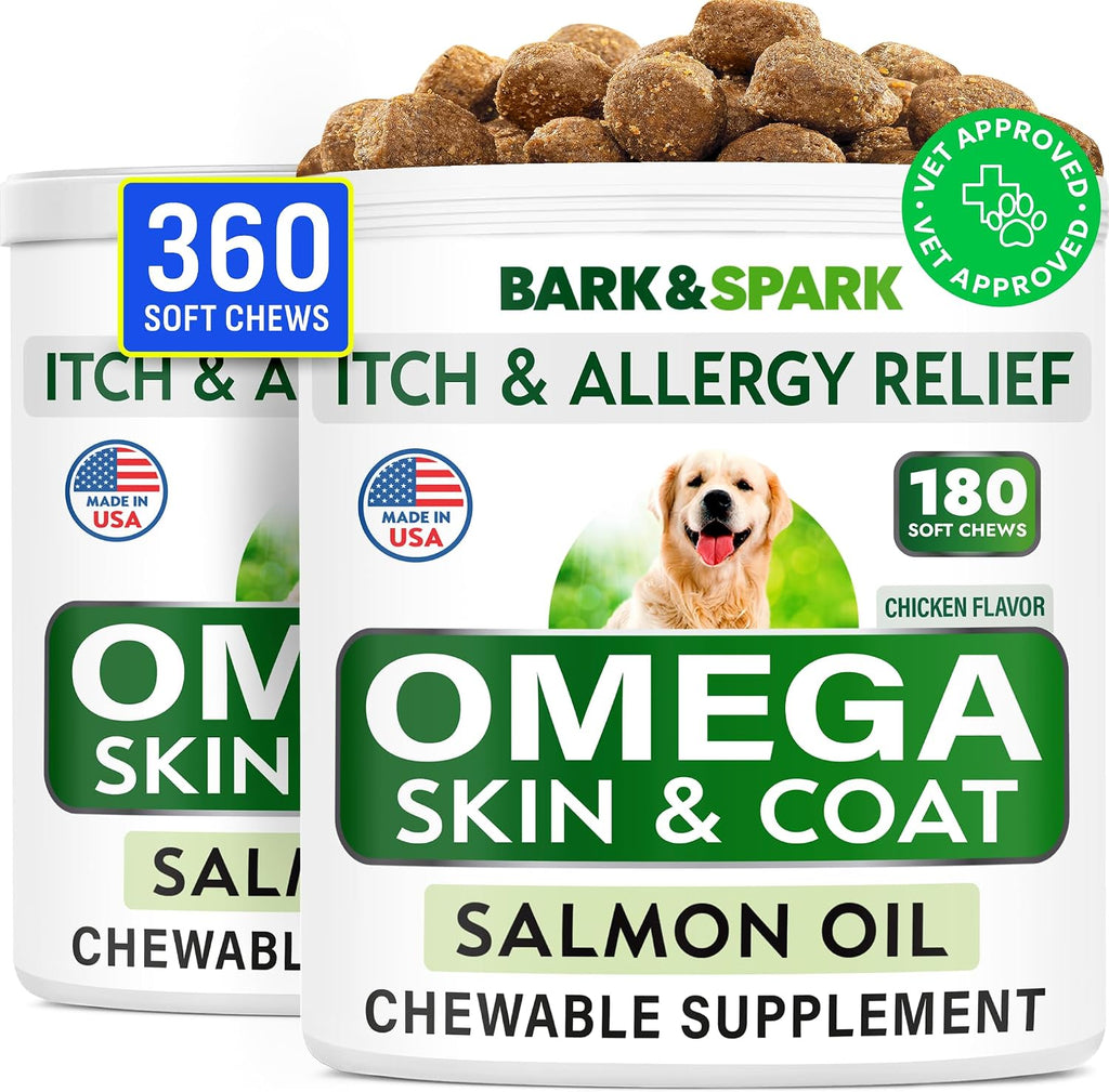 Omega 3 para Perros y Gatos - 180 Golosinas de Aceite de Salmón con EPA y DHA - Complemento para Piel, Pelaje y Articulaciones - Sabor Bacon