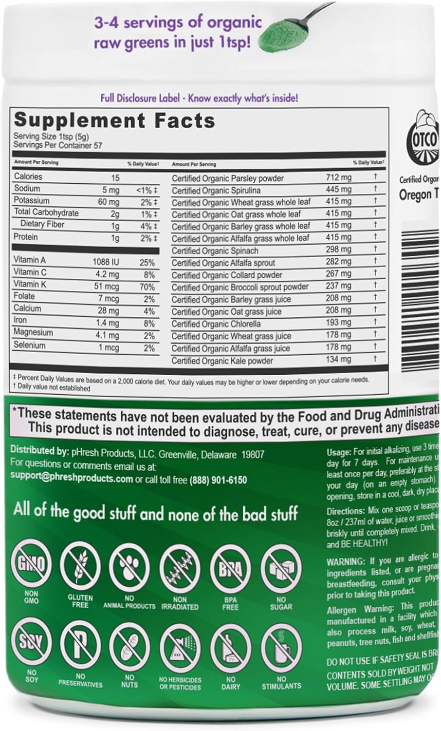 pHresh Greens Raw Alkalizing Superfood Greens Powder - 10 oz (2 meses)