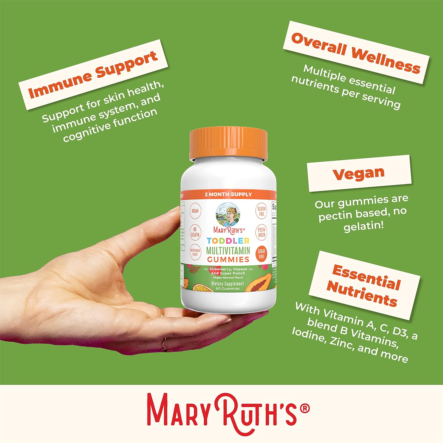 MARYRUTH'S Sugar Free Vitamin Gummies for Kids Age 2 | 2 Month Supply Multivitamin with Vitamin C, D3, Zinc | 1 Gummy Per Day | Toddler Vitamins | Sugar Free | Vegan | Non GMO | 60 Count