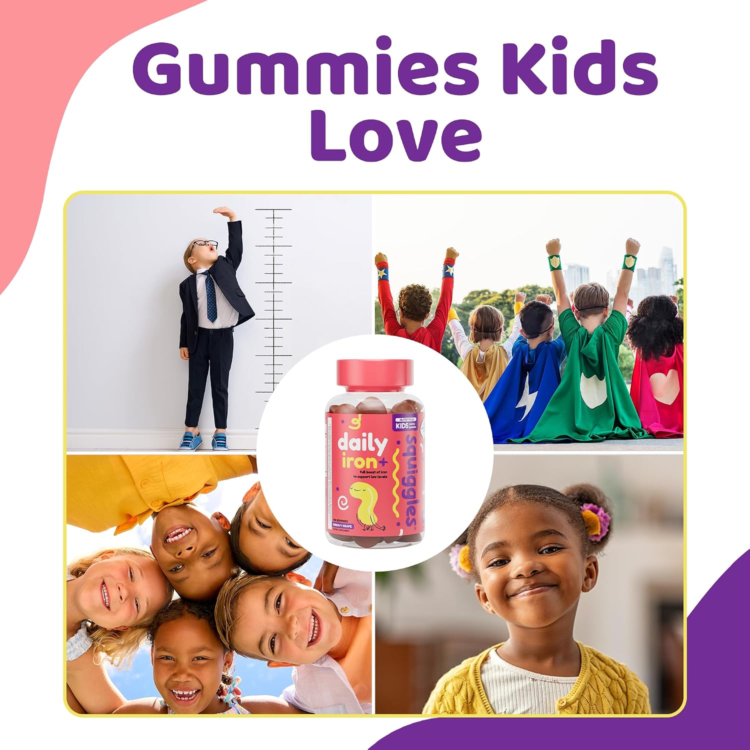 Squiggles Kids Daily Iron+ Gummies - Gomitas masticables con hierro y multivitaminas para niños, bajo en azúcar, veganas, sabor a uva (100 unidades)