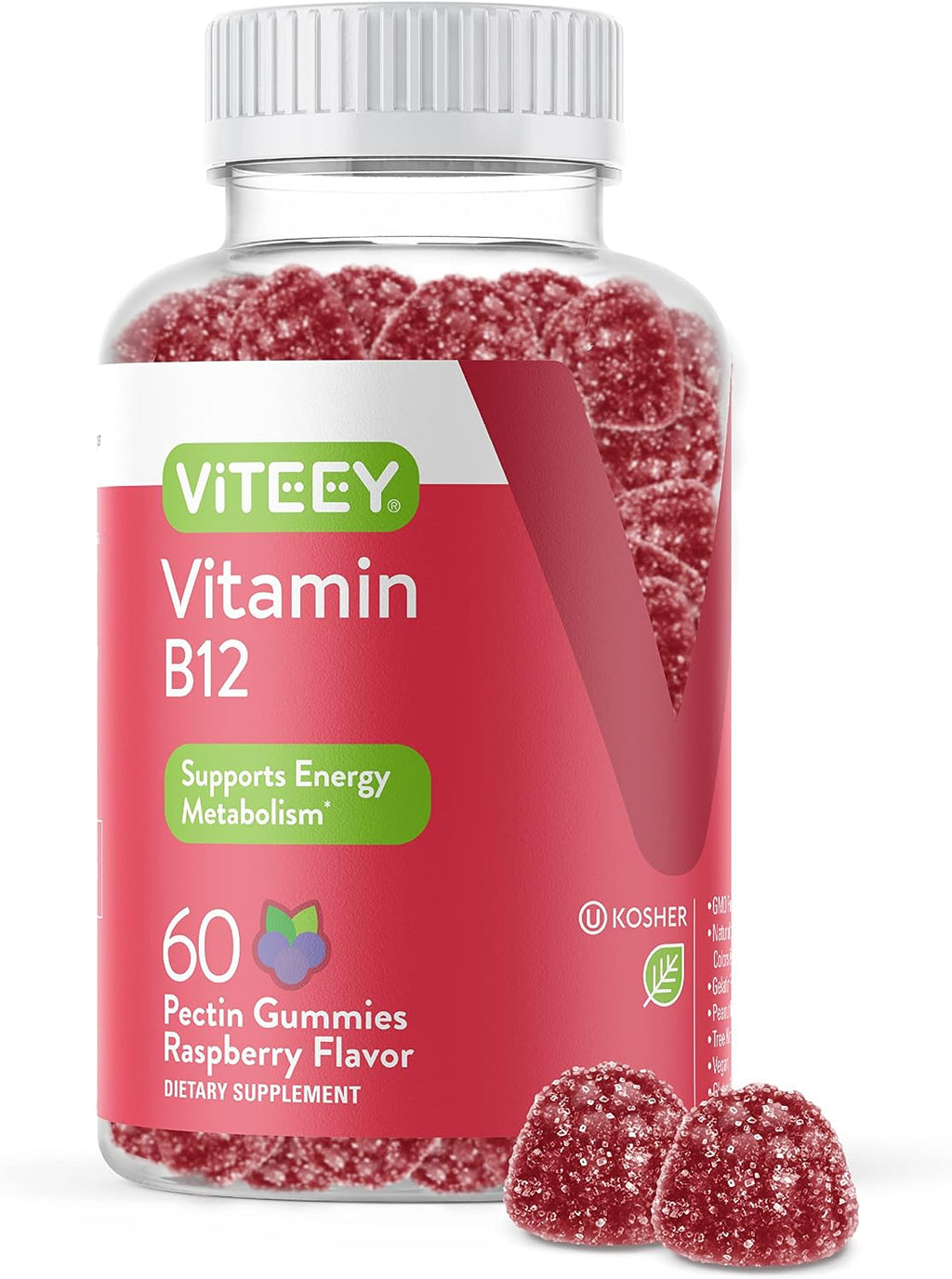 Viteey Vitamin B12 Gummies - 1000 mcg, 60 Gominolas Veganas sabor Frambuesa