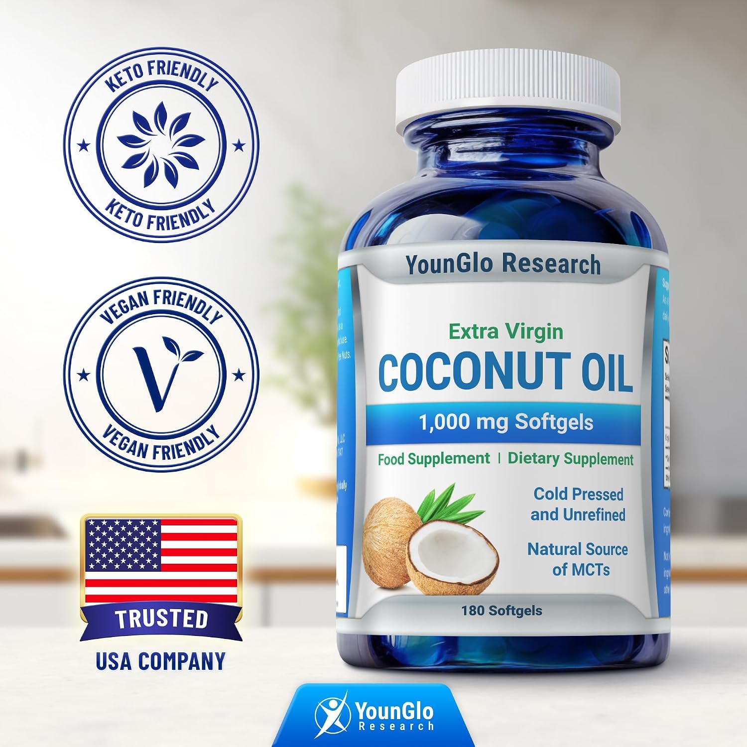 YounGlo Research Coconut Oil 1000 mg 100% Cold Pressed Organic Extra Virgin 180 Veggie Capsules