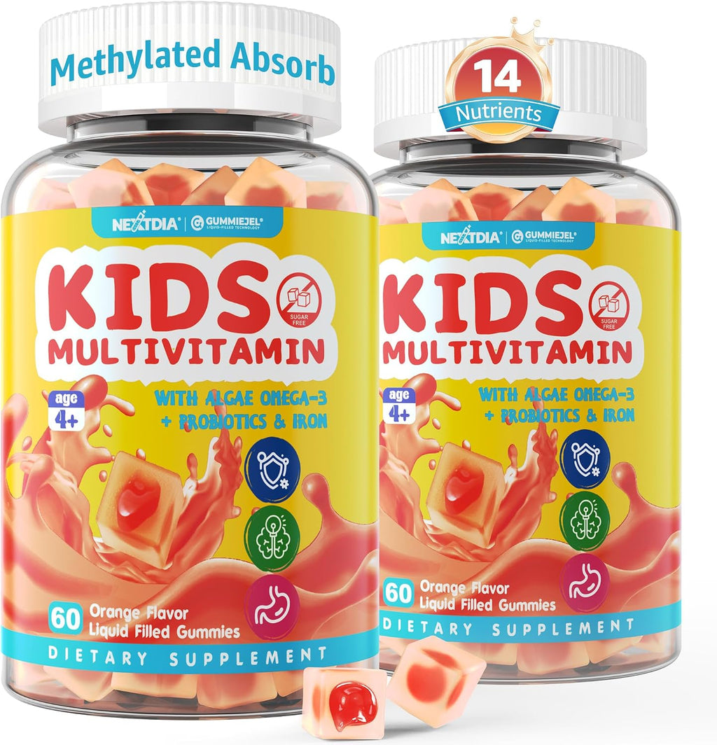 (2 Pack) Multivitamínico Infantil con Hierro, Sin Azúcar, Gomitas con Omega-3, Probióticos, Vitaminas A, C, D, B12, Zinc - Nextdia