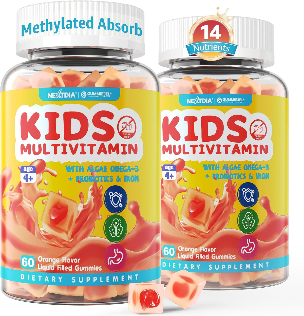 (2 Pack) Multivitamínico Infantil con Hierro, Sin Azúcar, Gomitas con Omega-3, Probióticos, Vitaminas A, C, D, B12, Zinc - Nextdia - görsel 1