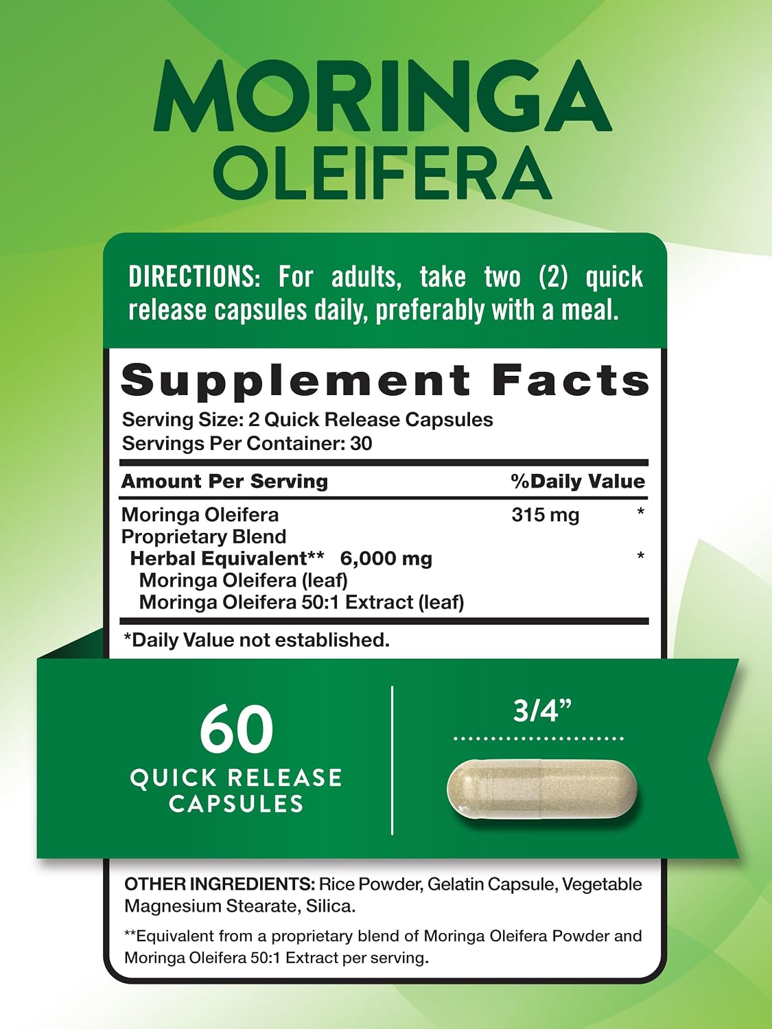 Nature's Truth Moringa Oleifera en Cápsulas | Extracto de Hoja | Sin Gluten y No GMO