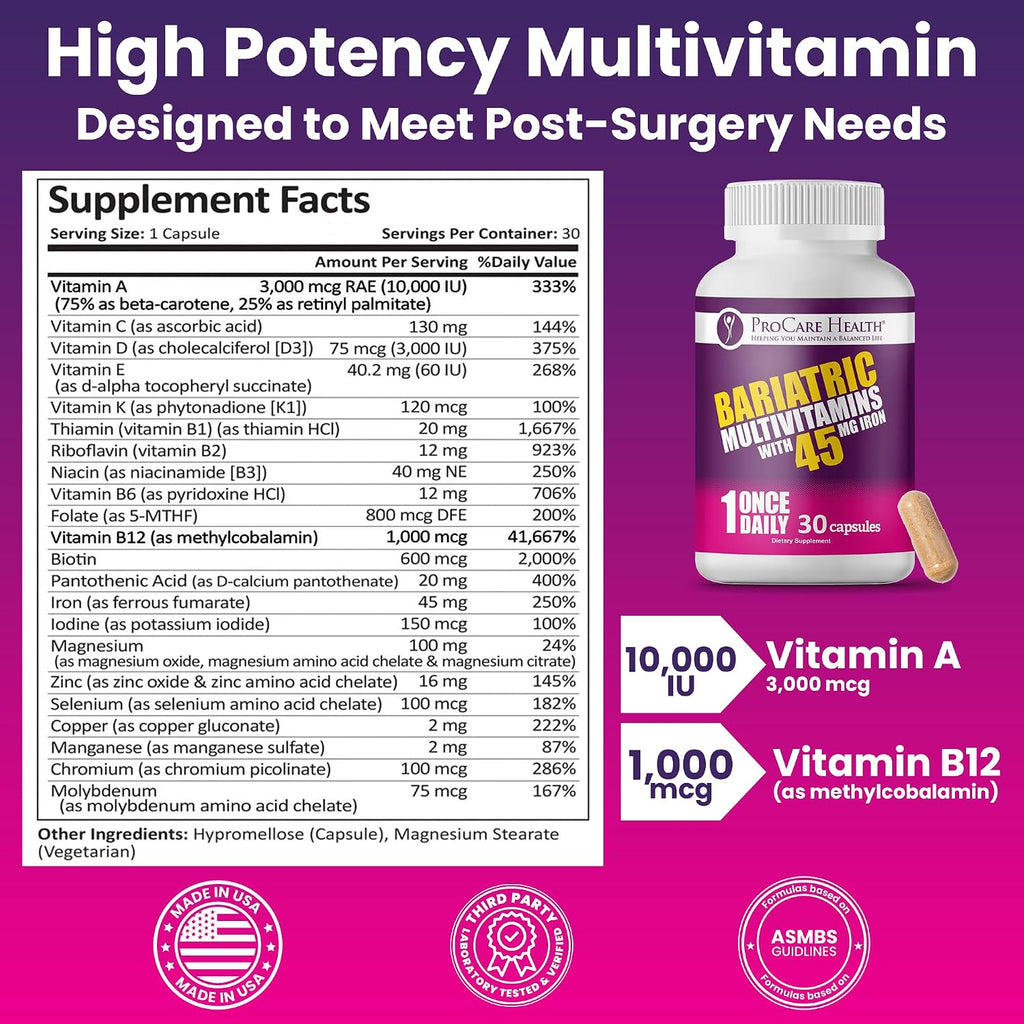 ProCare Health Bariatric Multivitamin with 45mg Iron (30 Capsules) - Once Daily for Post-Operative Support