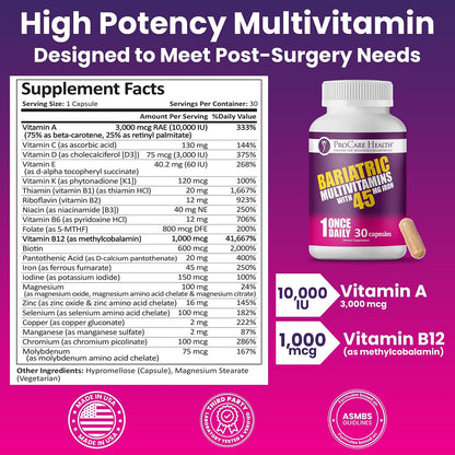 ProCare Health Multivitamínico Bariátrico con 45mg de Hierro (30 Cápsulas) - Una Vez al Día para Apoyo Postoperatorio – Image 3