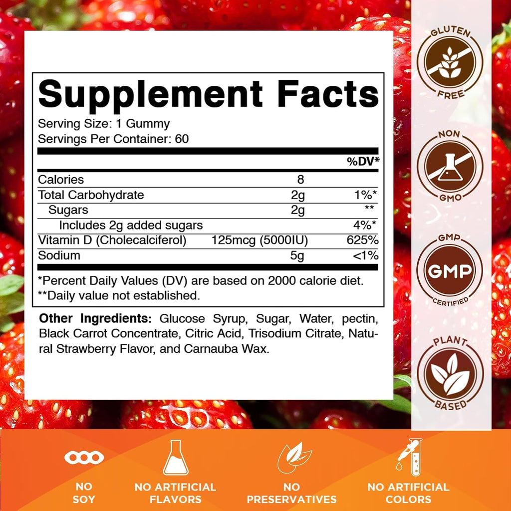 Vitamatic Gominolas de Vitamina D3 (5000 IU) - 60 Gominolas con Sabor Natural a Fresa