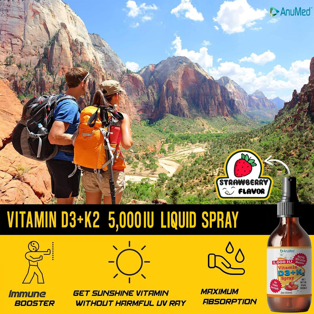 Vitamin D3 K2 5,000 IU Liquid Spray with Organic MCT Oil, Vitamin A (Retinol) 1250mcg, K2 (MK4, MK7) Promotes Heart, Bones, Immune System. 100% Vegan, Non-GMO, No Sugar Added (2oz) (Strawberry)
