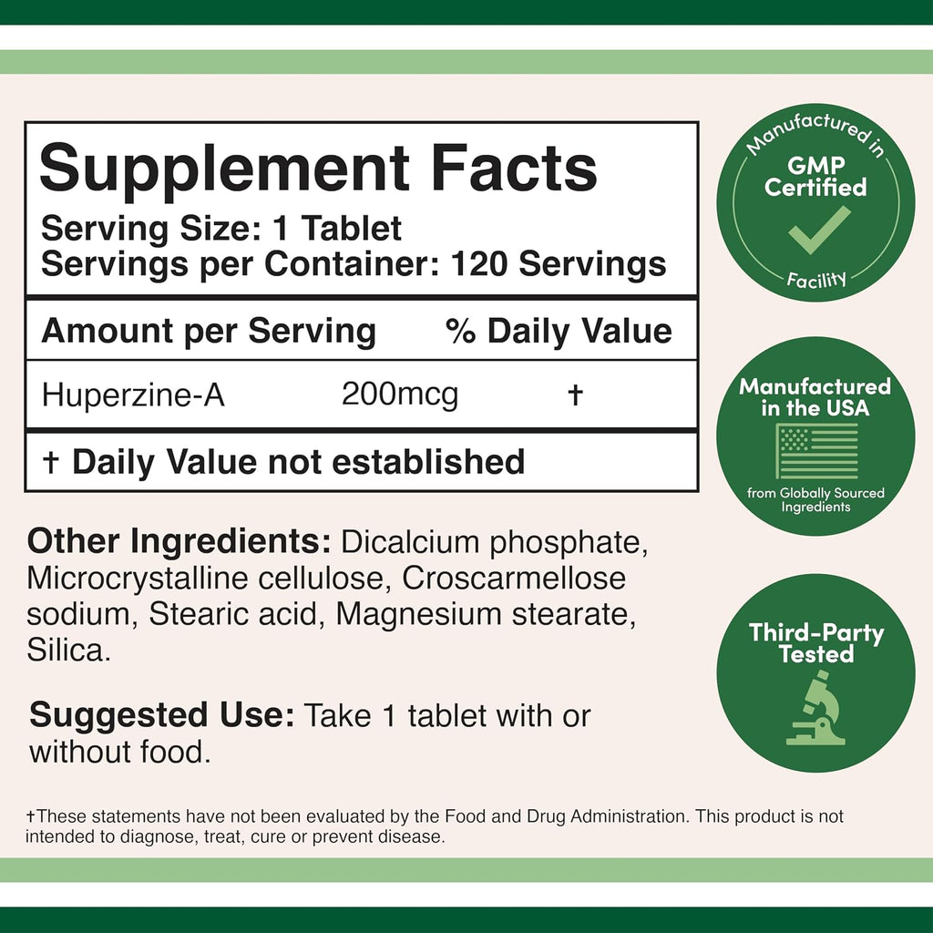 Huperzina A 200 mcg, 120 Comprimidos - Suplemento Cognitivo