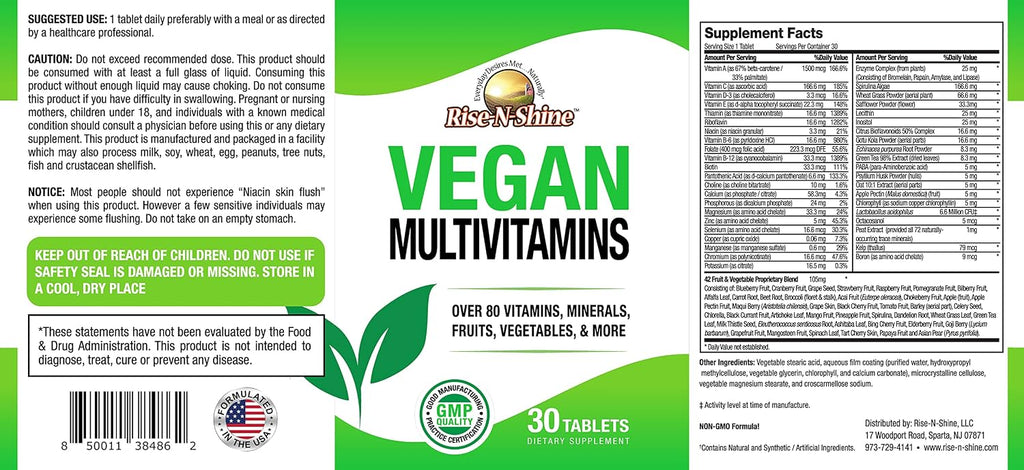 Rise-N-Shine Vegan MultiVitamins Complete Daily MultiVitamin and MultiMineral for Men and Women with Over 80 Vitamins, Minerals, Fruits, Vegetables and More 30 Count