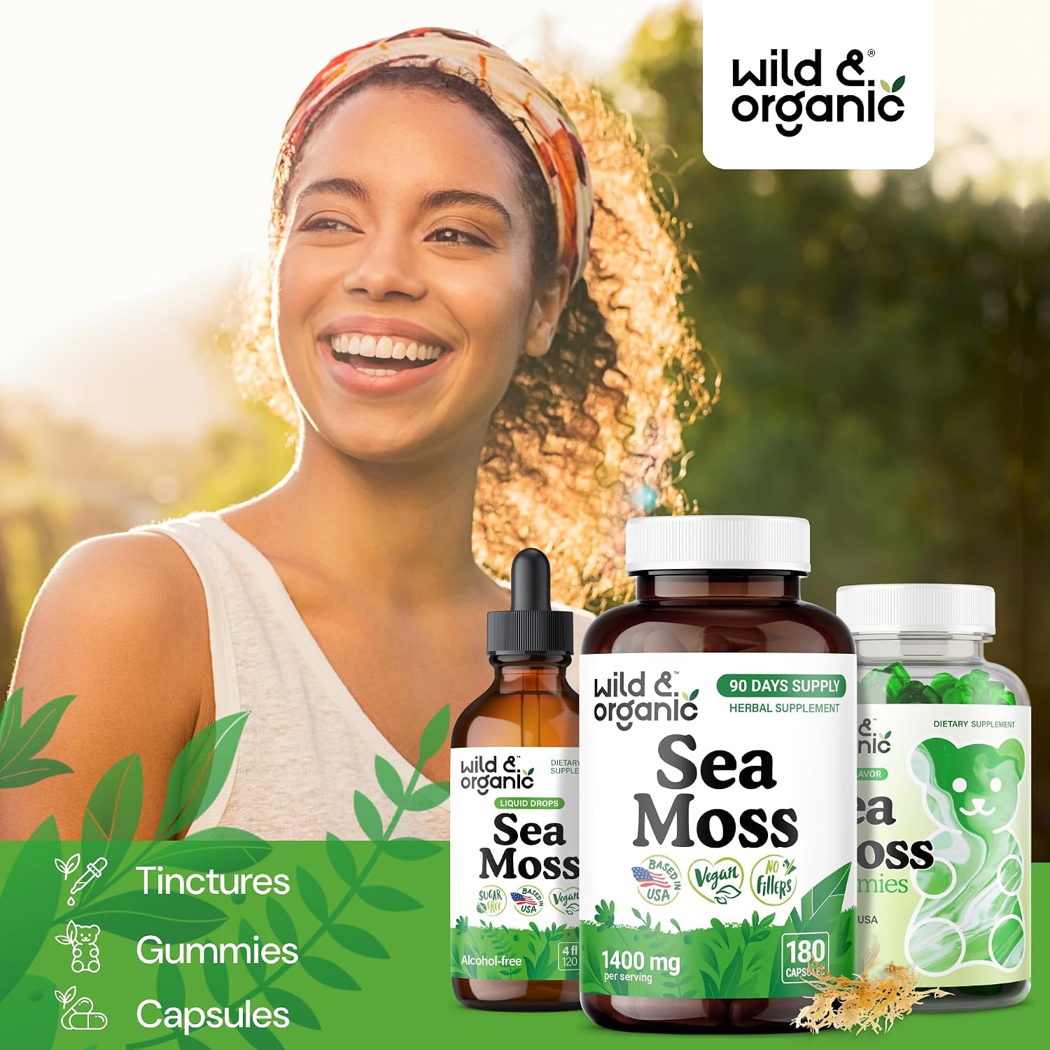 Wild & Organic Sea Moss Capsules - Complejo de Musgo Marino Irlandés con Bladderwrack - 180 Cápsulas Veganas