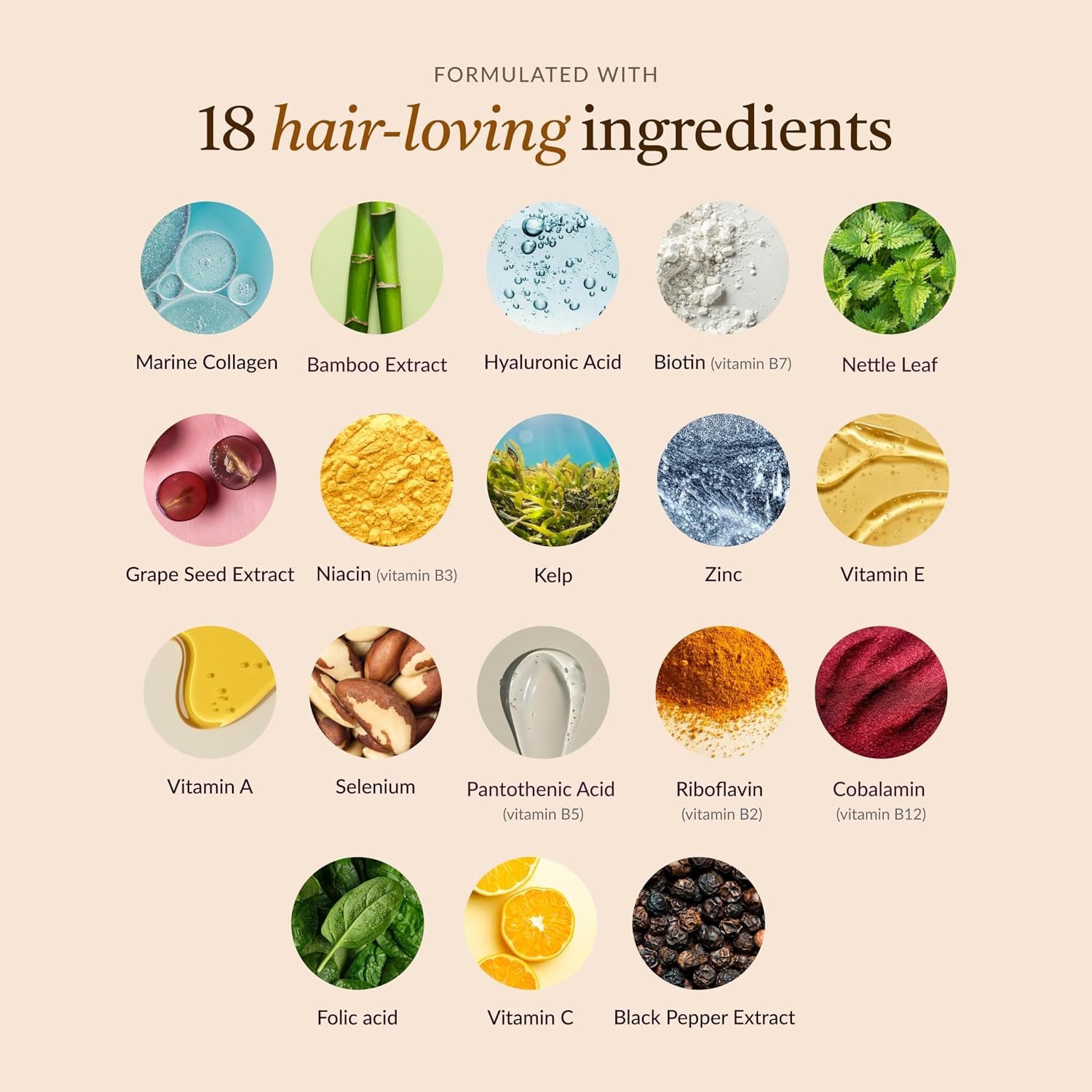 18-en-1 Hair Growth Supplement | Colágeno, Biotina, Ortiga y Bambú