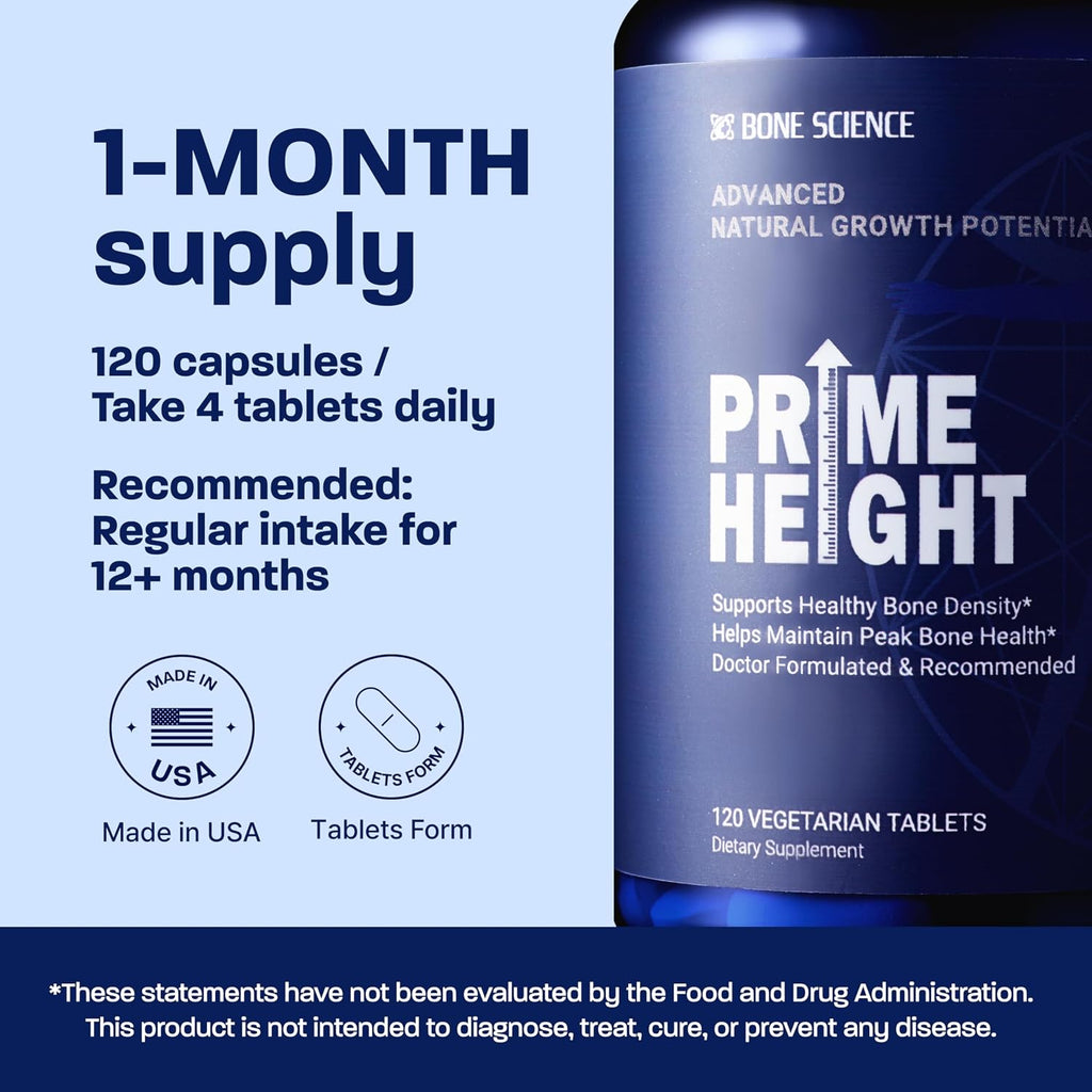 BONE SCIENCE Primeheight Apoyo Óseo y Crecimiento con Calcio, Vitamina D3, K2, Magnesio, Zinc - Fórmula Vegana, No OGM, 120 Comprimidos