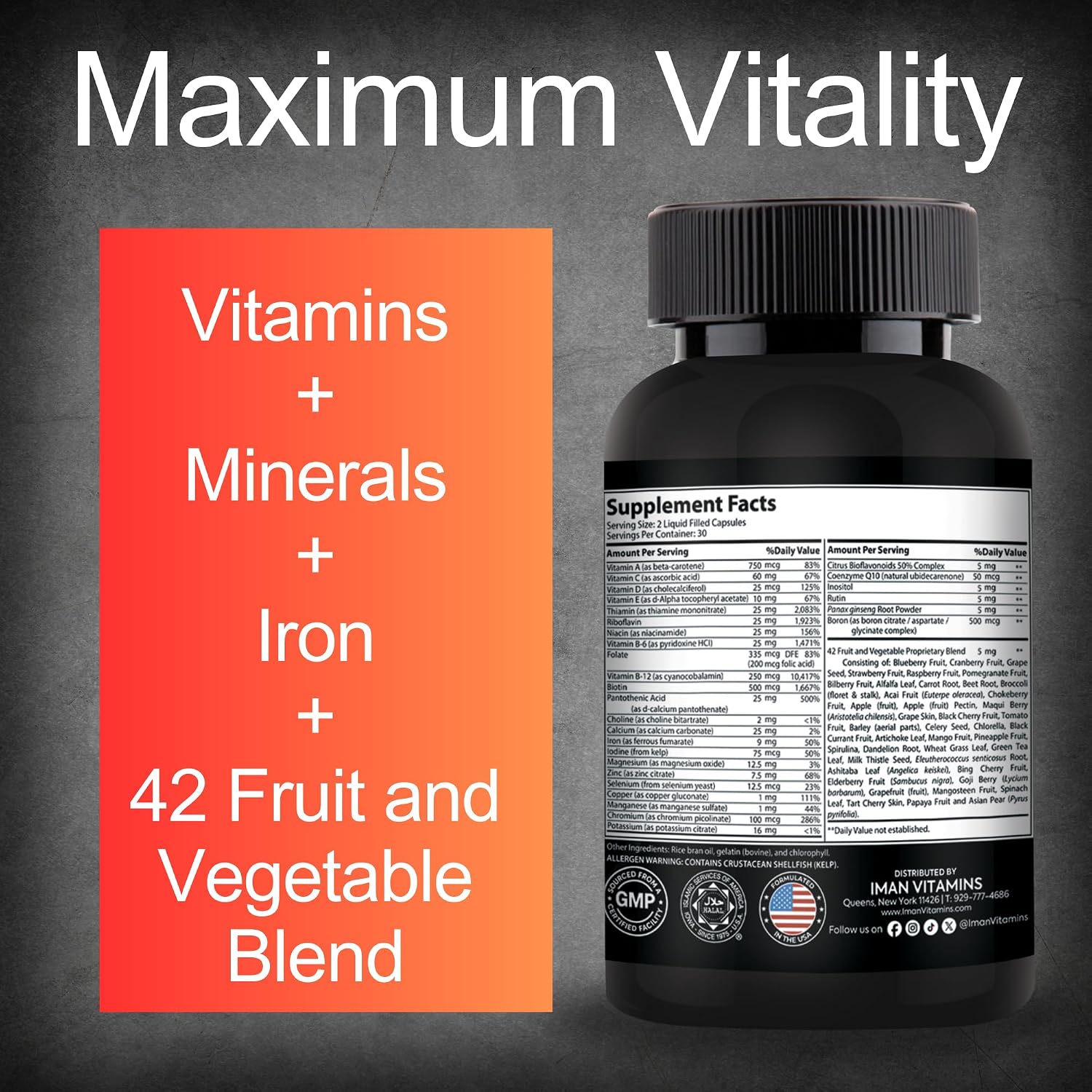 Iman Vitamins Halal Complete Multivitamin - Cápsulas Multivitamínicas para Adultos con 42 Frutas y Verduras, Hierro, Zinc, CoQ10 y Vitaminas