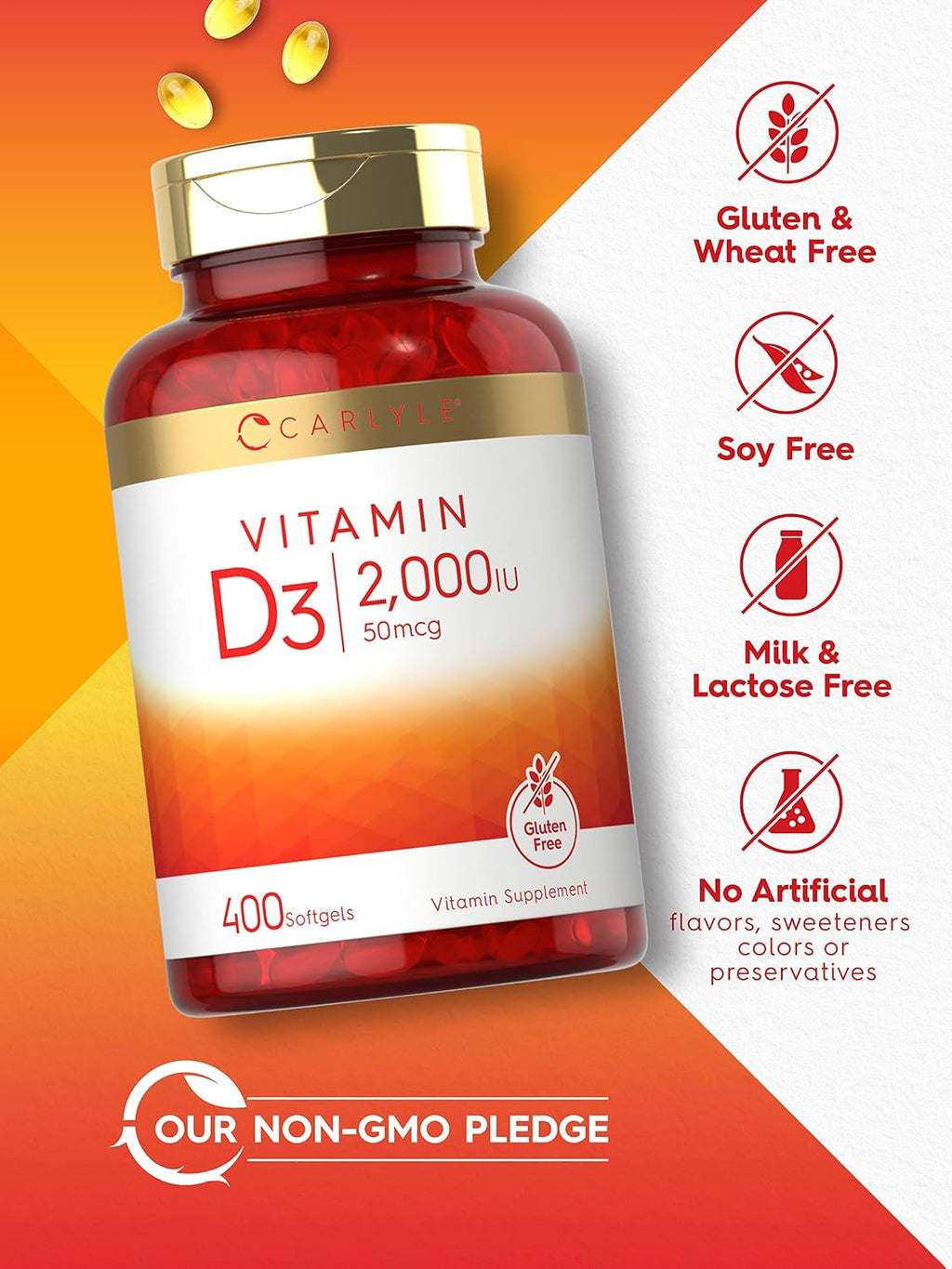 Carlyle Vitamina D3 2000 UI Cápsulas Blandas | 400 Unidades | No-GMO, Sin Gluten | 50 mcg | Suplemento de Vitamina D