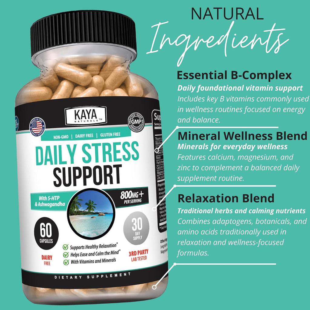 Kaya Naturals - Suplemento de Estrés Natural con Pasiflora y Magnesio - 60 Cápsulas