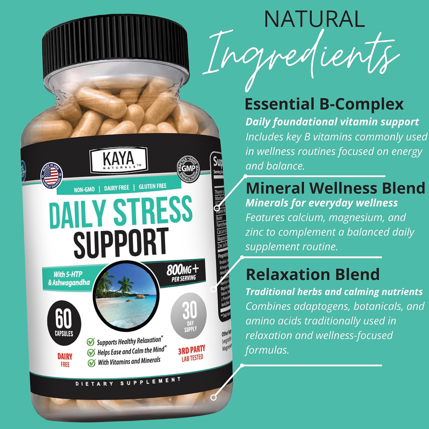Kaya Naturals - Suplemento de Estrés Natural con Pasiflora y Magnesio - 60 Cápsulas