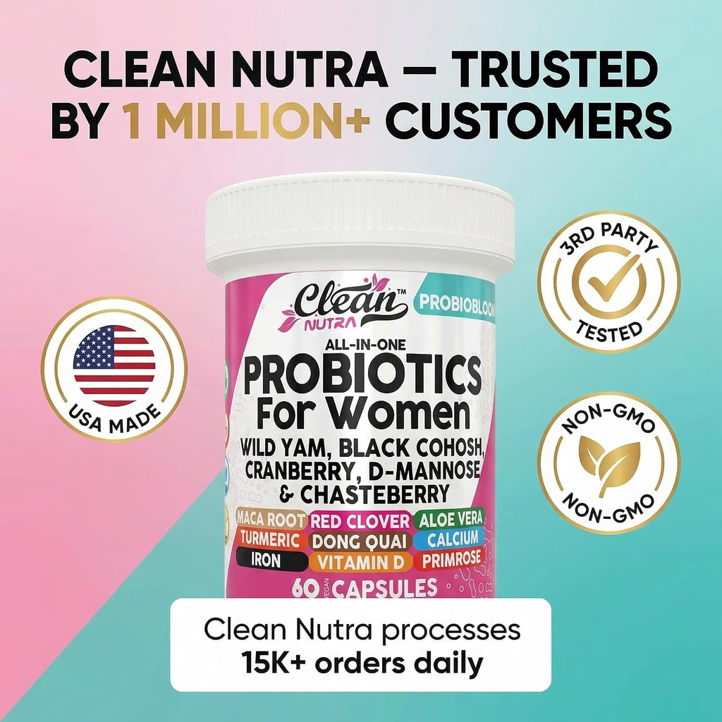 Clean Nutraceuticals Probióticos para Mujeres con D-Manosa, Arándano Rojo, Ñame Salvaje, Sauzgatillo - 20 Cepas Probióticas y Prebióticas - Equilibrio del pH, Probiótico Femenino para la Salud Digestiva - 60 Cápsulas