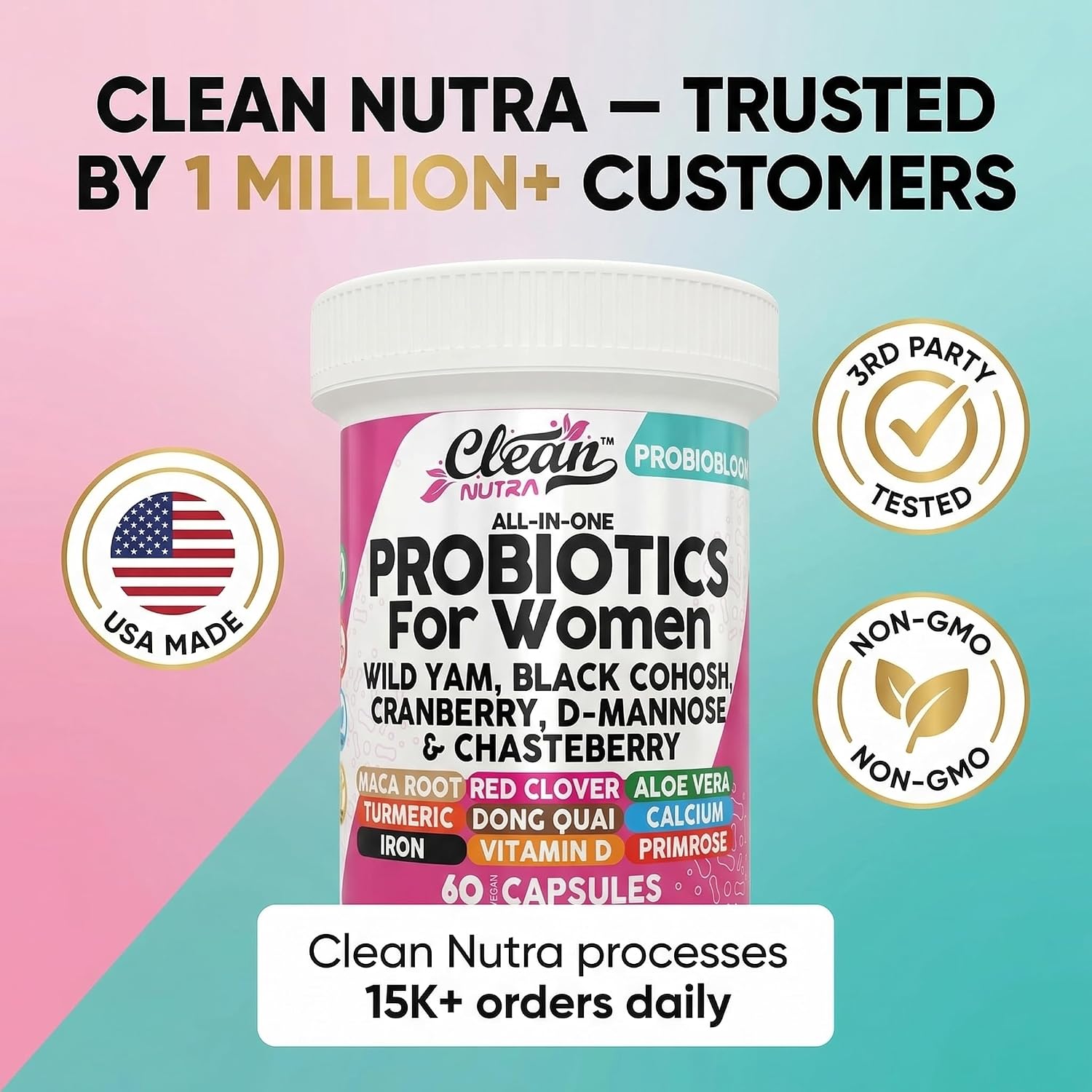 Clean Nutraceuticals Probióticos para Mujeres con D-Manosa, Arándano Rojo, Ñame Salvaje, Sauzgatillo - 20 Cepas Probióticas y Prebióticas - Equilibrio del pH, Probiótico Femenino para la Salud Digestiva - 60 Cápsulas