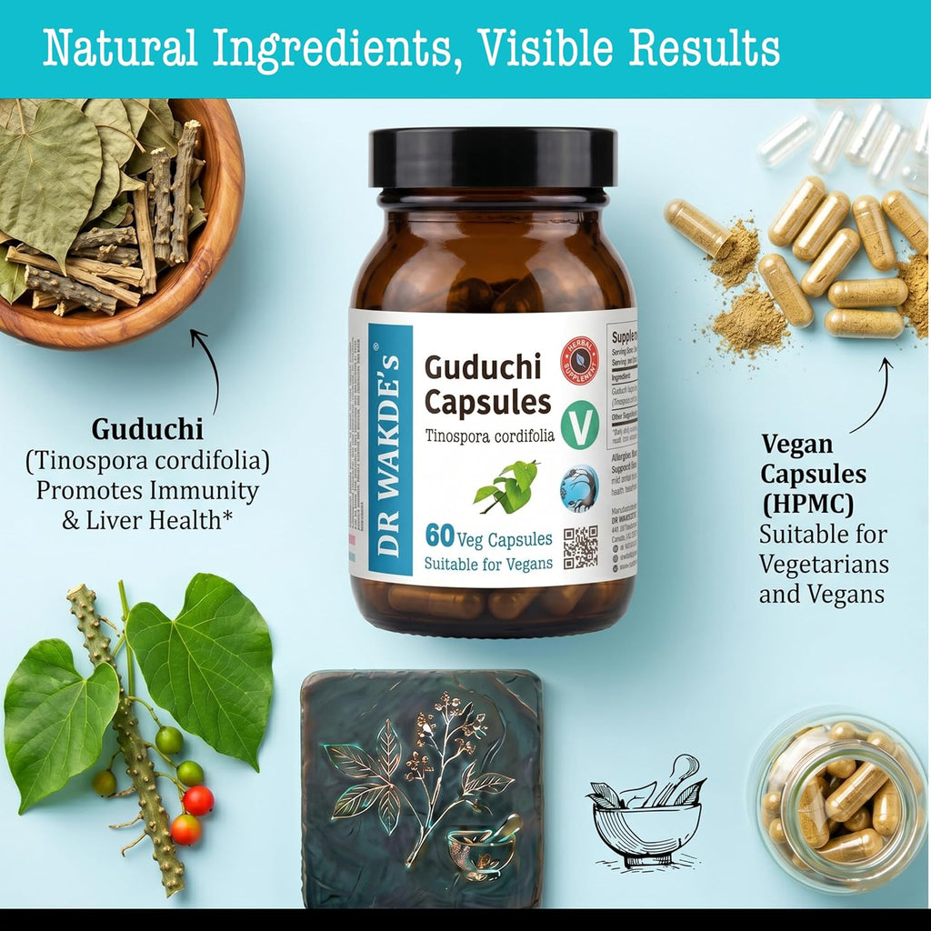 Cápsulas de Guduchi del DR WAKDE (Tinospora cordifolia, 60 cápsulas vegetales, suplemento a base de plantas, hierba ayurvédica, totalmente natural, vegano)