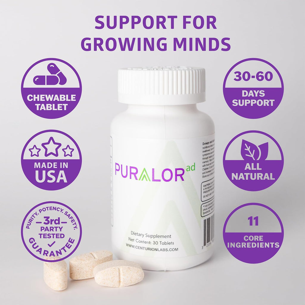 Centurion Premium Puralor AD - Complemento Cognitivo para Niños con Azafrán, Folato, Vitamina C, D y Zinc - 30 Comprimidos Masticables