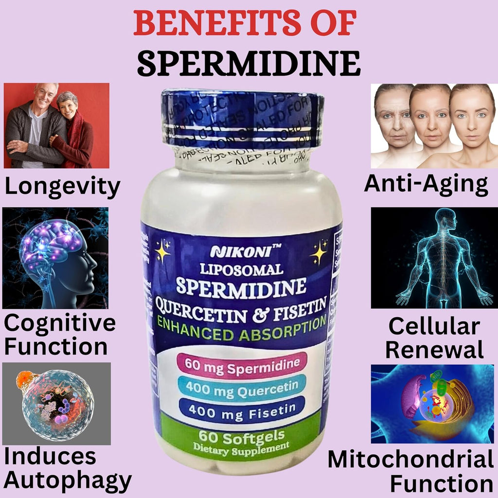 Nikoni Liposomal Spermidina, Quercetina, Fisetina 860mg - Apoyo al Envejecimiento Saludable, Renovación Celular, Función Cognitiva - 60 Cápsulas Blandas
