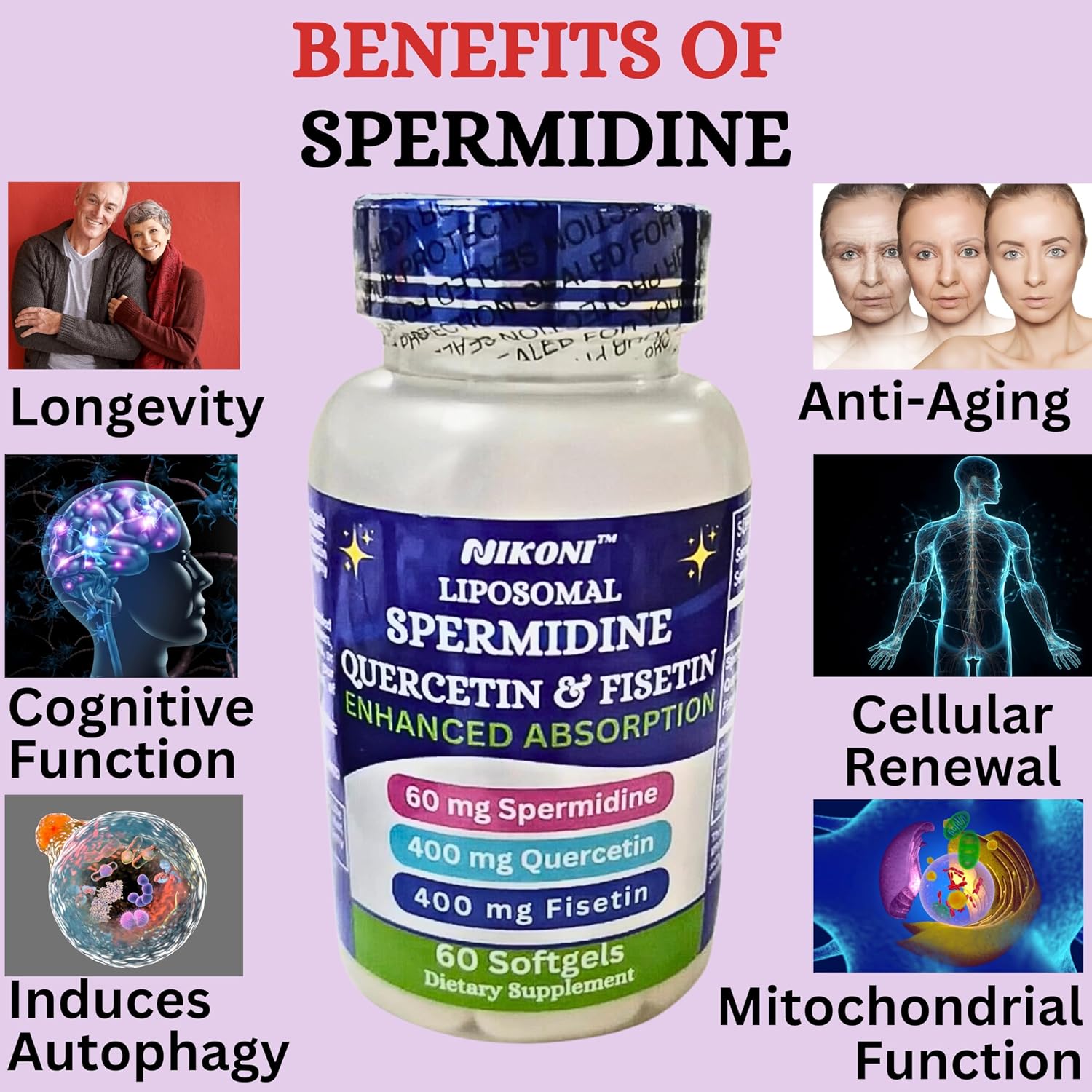 Nikoni Liposomal Spermidina, Quercetina, Fisetina 860mg - Apoyo al Envejecimiento Saludable, Renovación Celular, Función Cognitiva - 60 Cápsulas Blandas