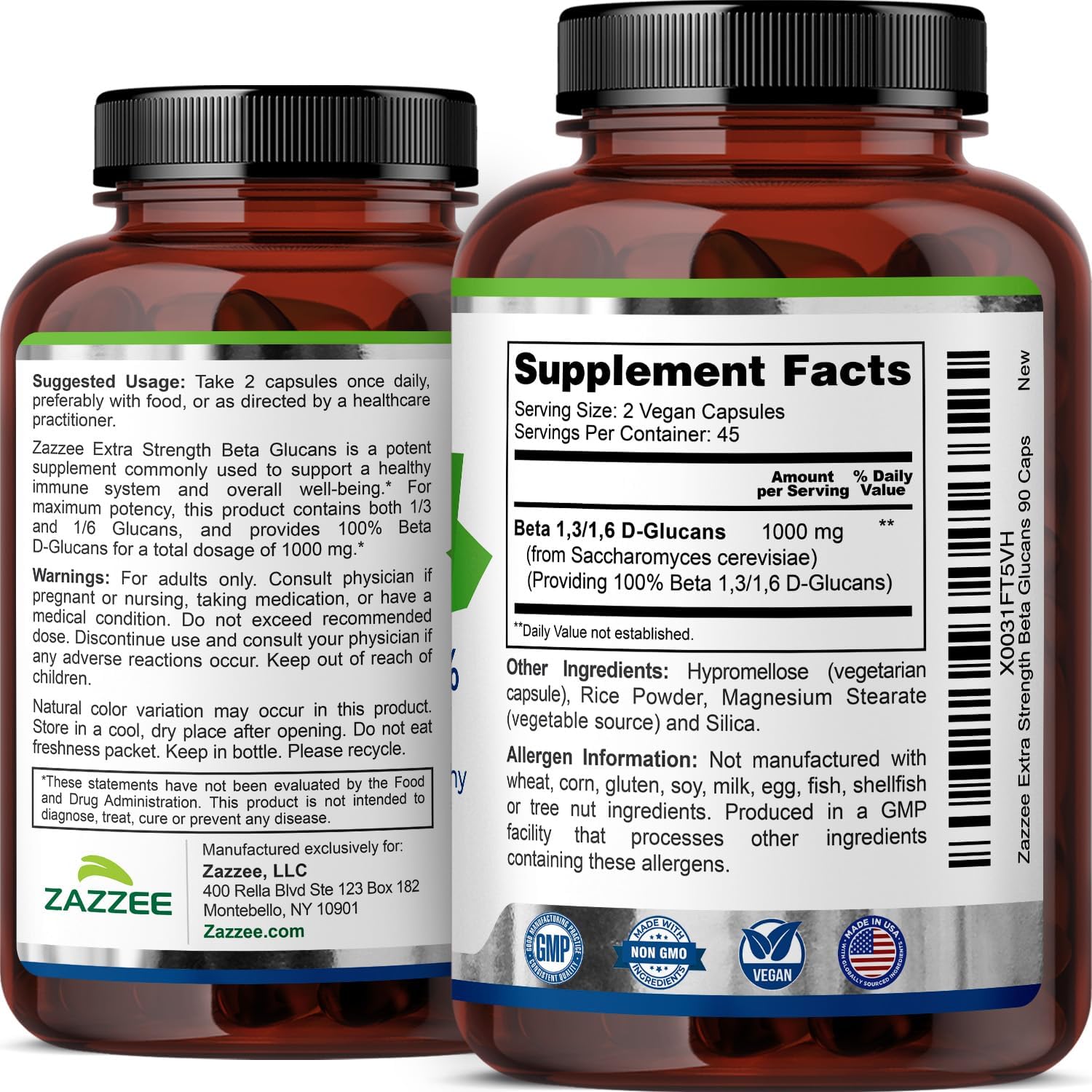 Zazzee Extra Strength Beta Glucans 1,3/1,6, 1000 mg, 90 Cápsulas Veganas