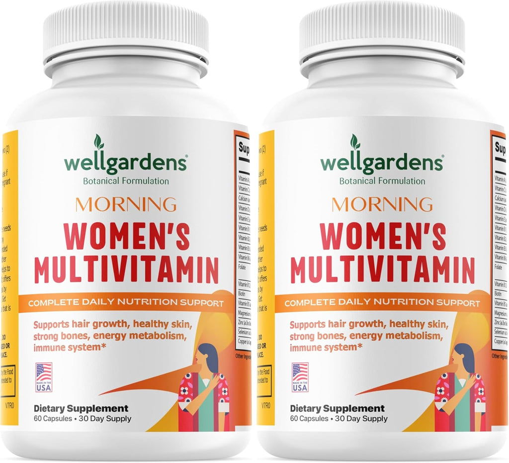 Wellgardens Multivitamínico Diario para Mujeres con Biotina, Arándano Rojo y Trébol Rojo - Apoyo para Cabello, Piel, Energía e Inmunidad - Vitaminas A, C, D, E, B12, Zinc - Sin Hierro, No Transgénico, 60 Cápsulas