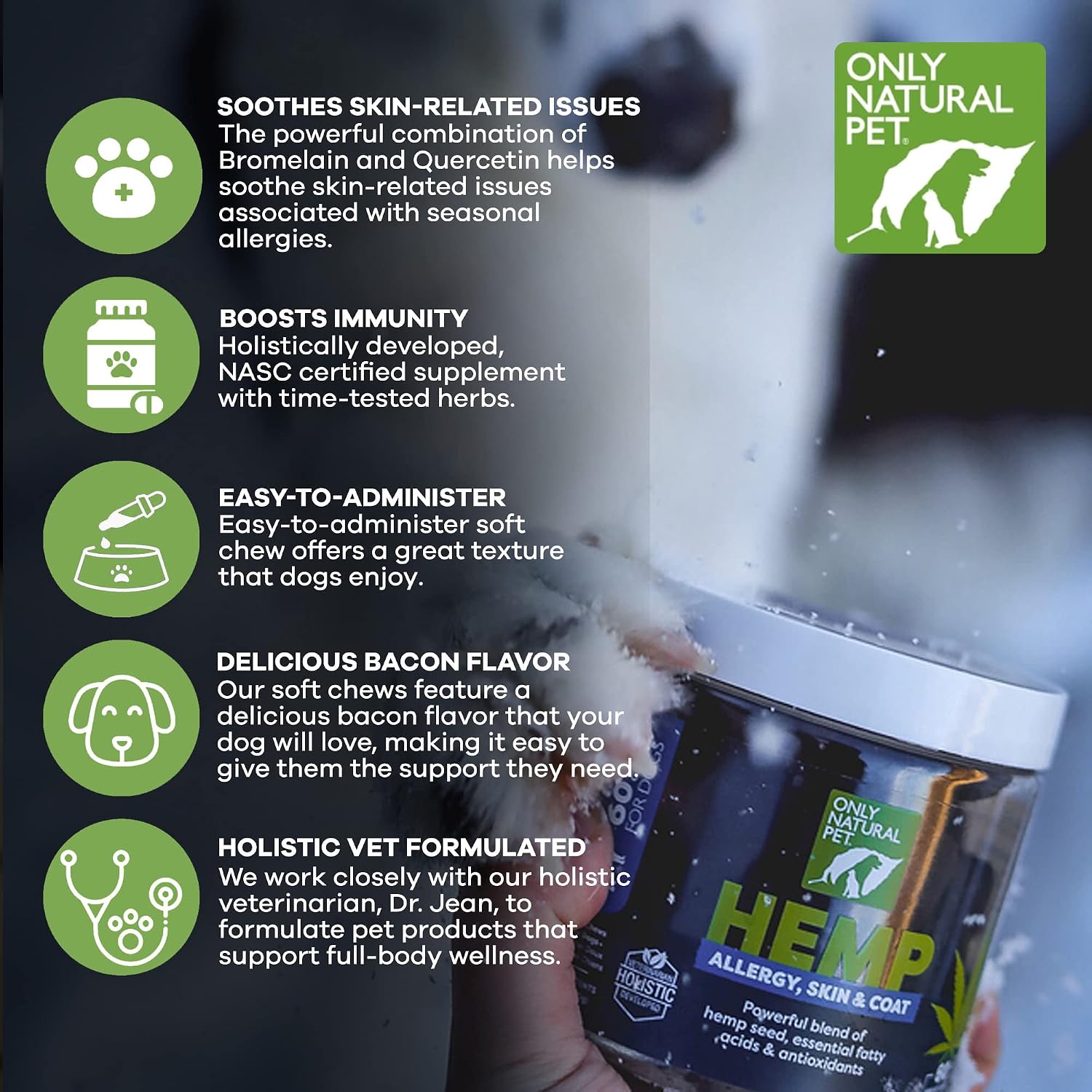 Only Natural Pet Masticables Suaves de Hemp para Alergias, Piel y Pelaje - 60 unidades