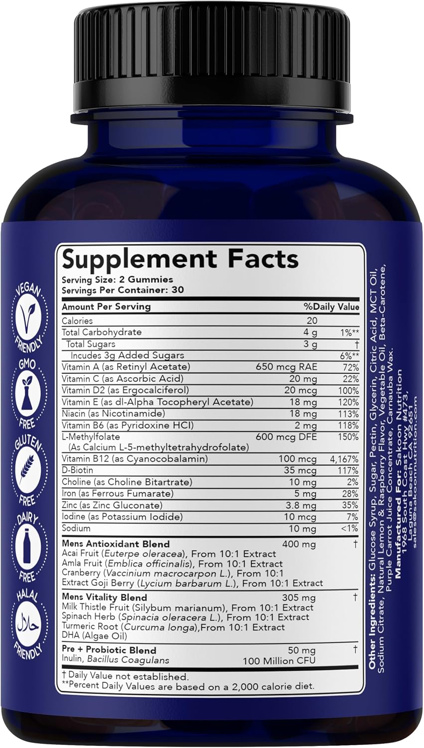 Sakoon nutrition Gominolas Multivitamínicas para Hombre con Probióticos y Prebióticos, 60 unidades