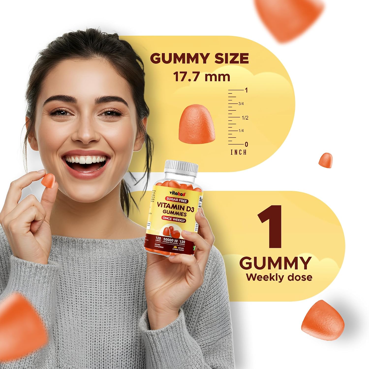 Vitabod Gominolas de Vitamina D3 sin Azúcar, 50.000 UI Semanales – 120 unidades – Apoyo para Huesos, Dientes y Sistema Inmunitario – Sin OGM, Fácil de Masticar